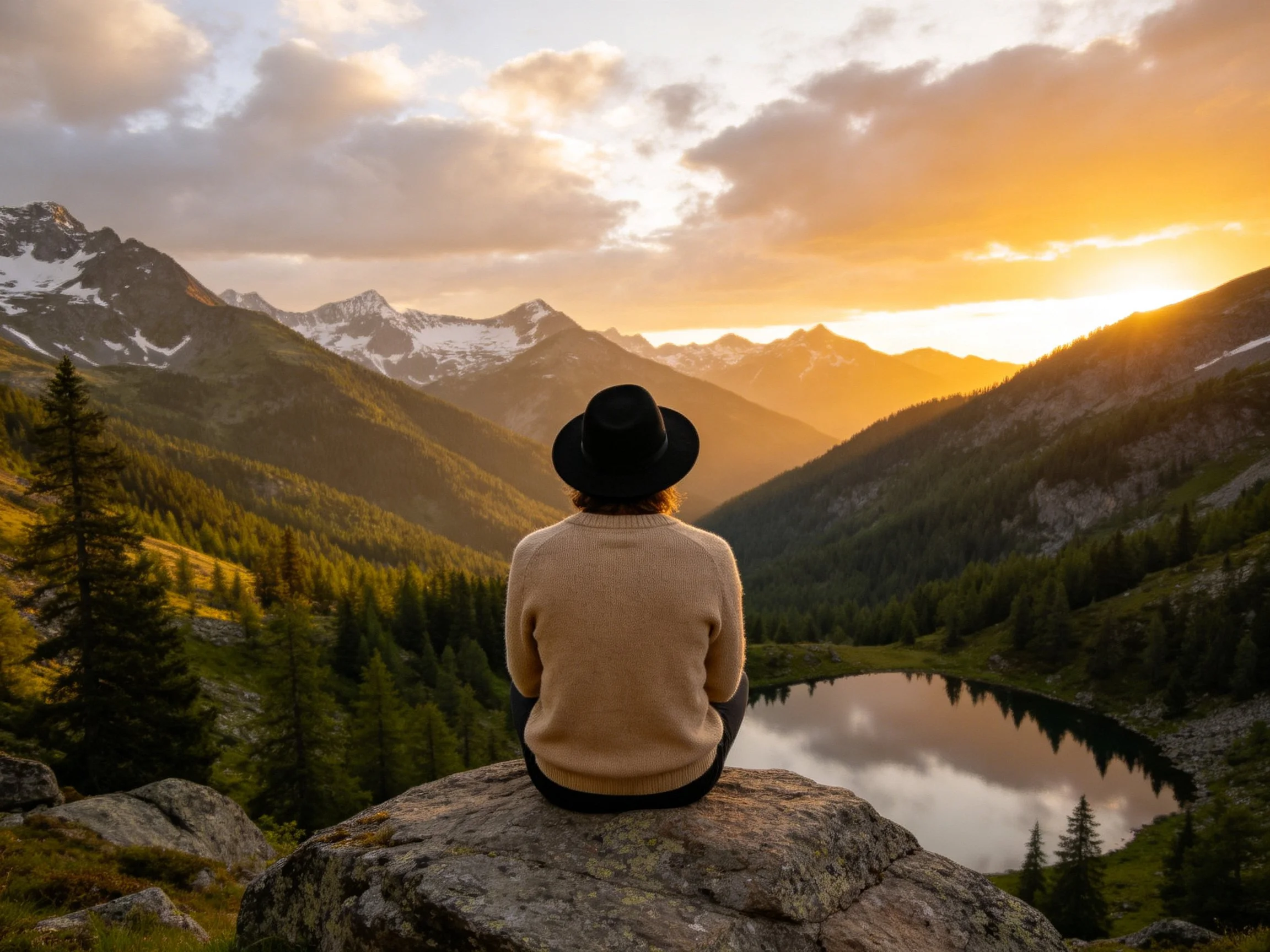 Person sits on rocky outcrop viewing mountain valley sunset