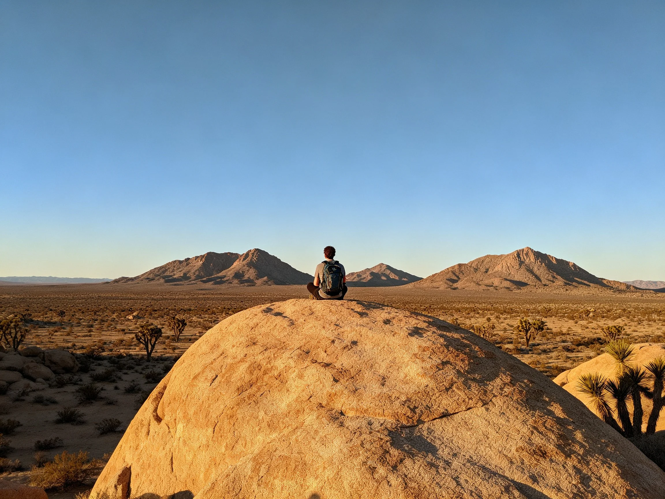 Person sitting on large rock in desert landscape with distant mountains