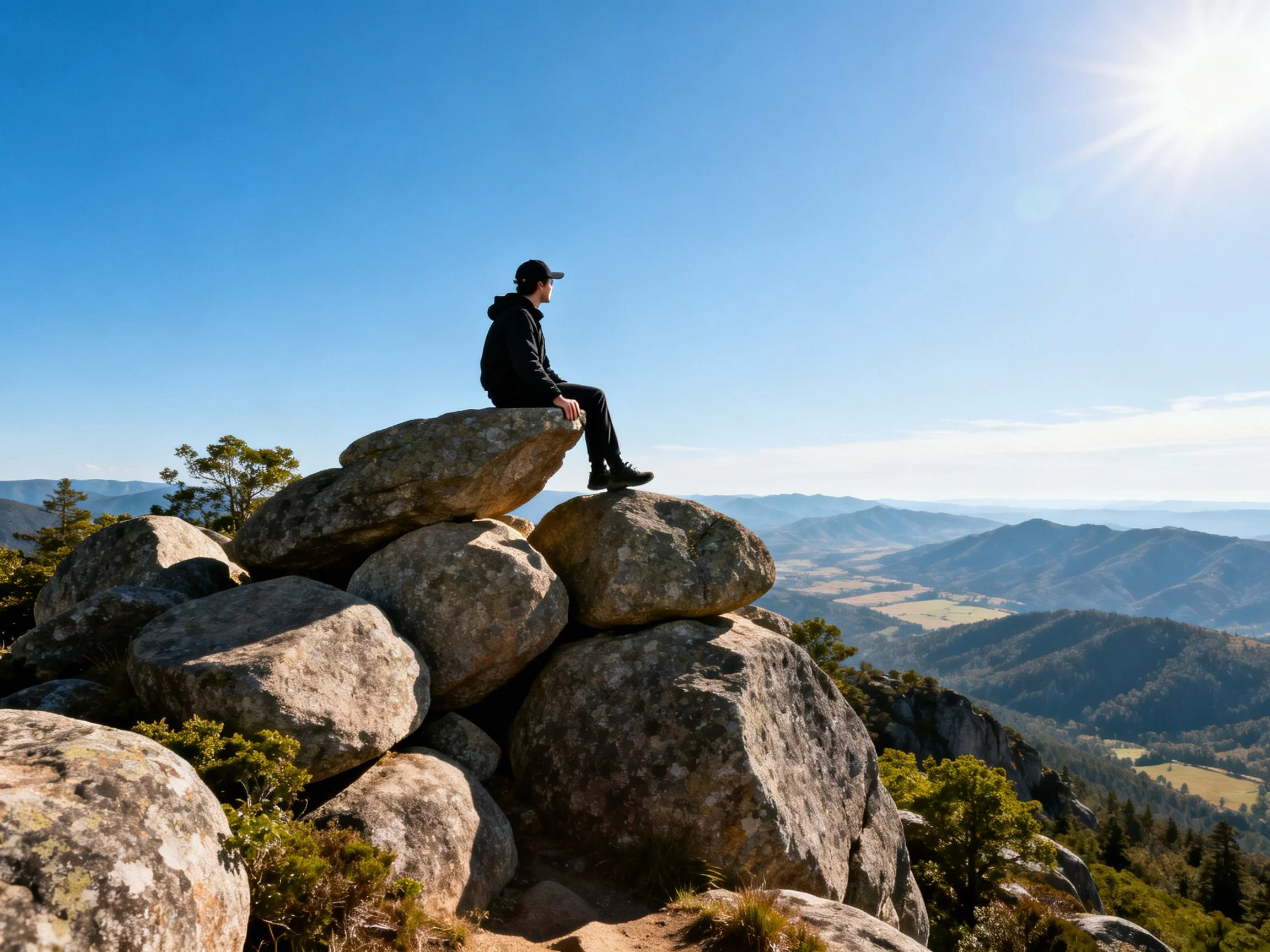 Person sitting on large rocks, overlooking mountain valley under bright blue sky