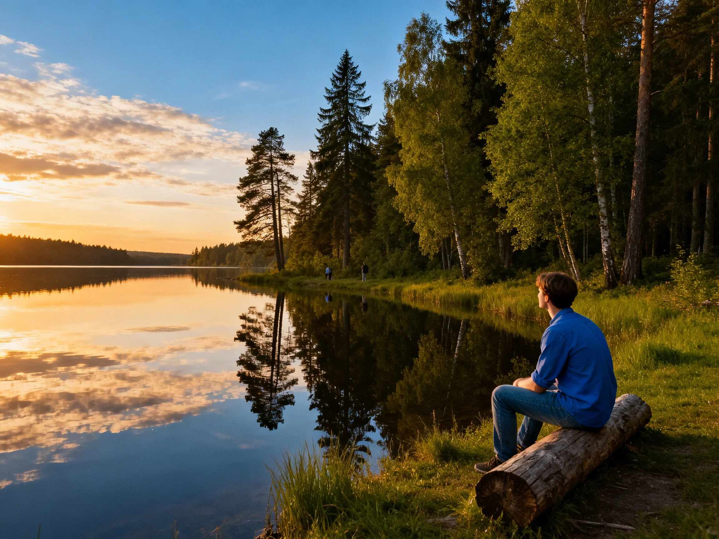 Person sitting on log by calm lake with forest reflections at golden hour