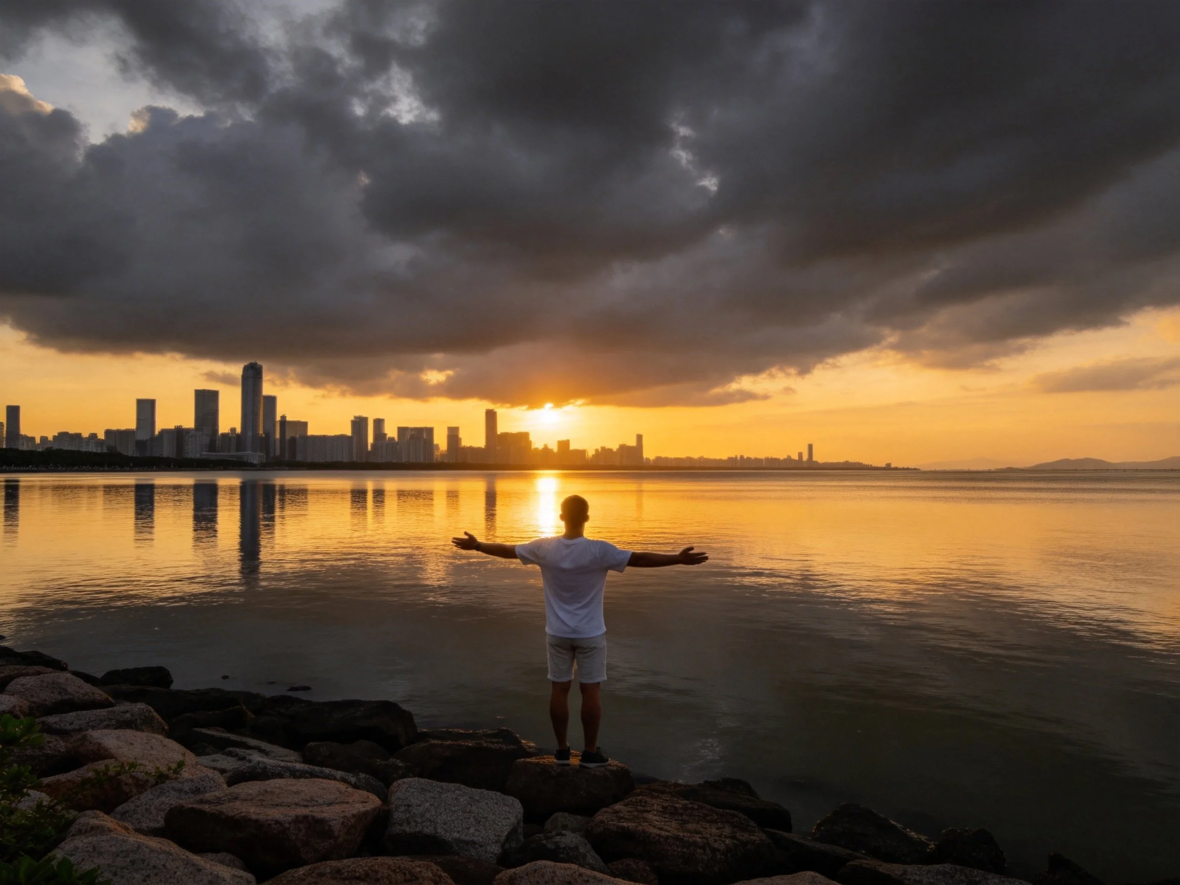 Person standing by water at dramatic sunset with city skyline