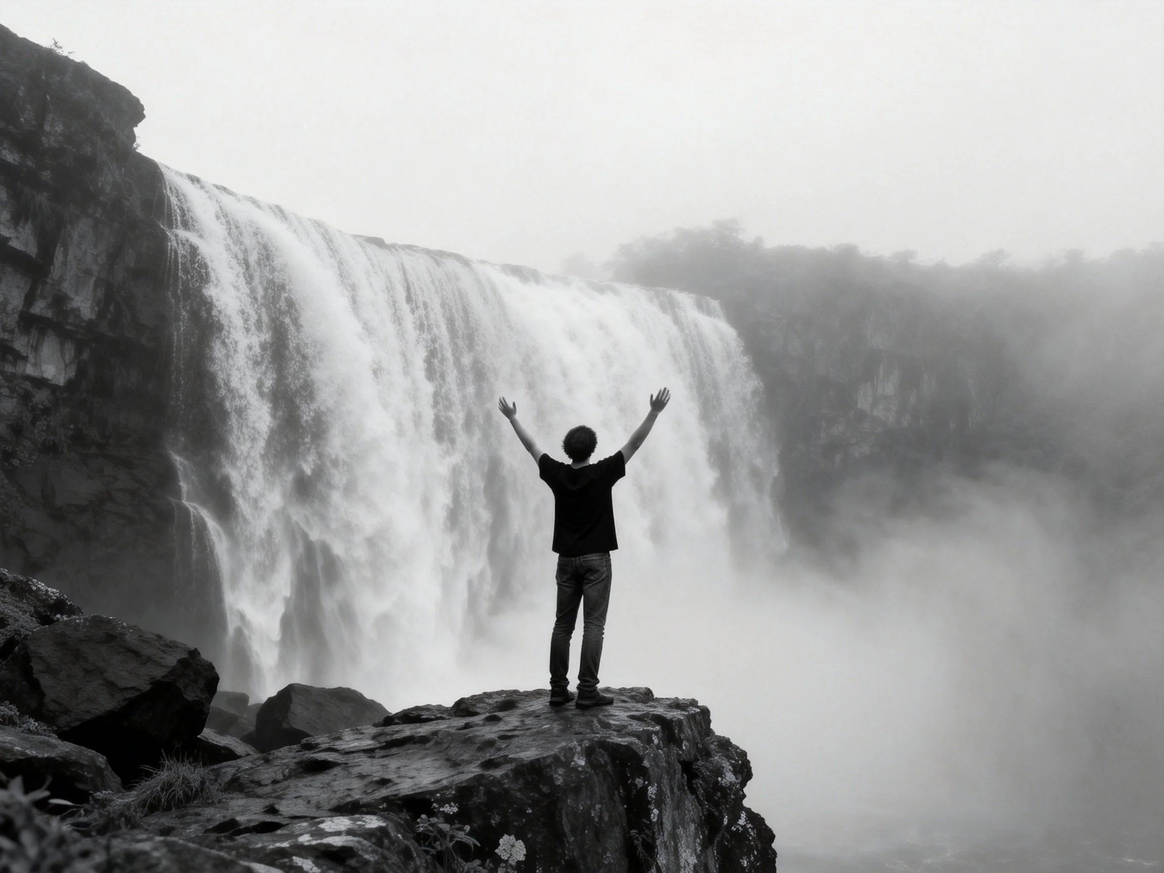 Person standing on rocky cliff near massive waterfall in monochrome