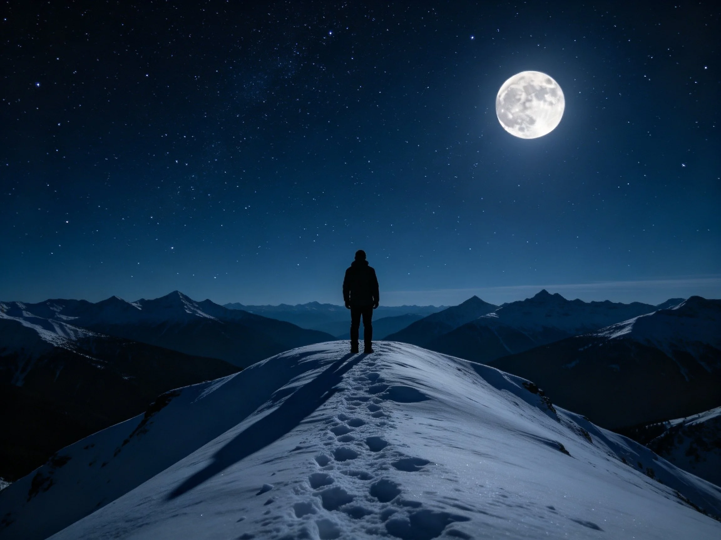 Person standing on snowy mountain ridge under starry night with full moon