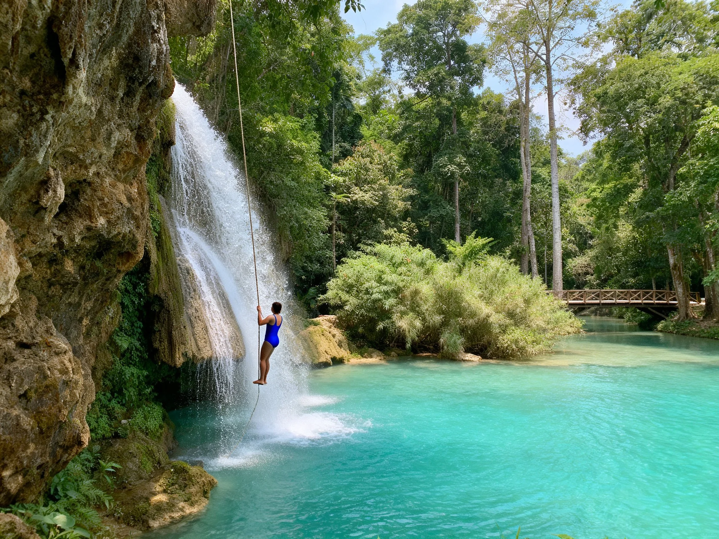 Person swinging over turquoise water near a cascading waterfall
