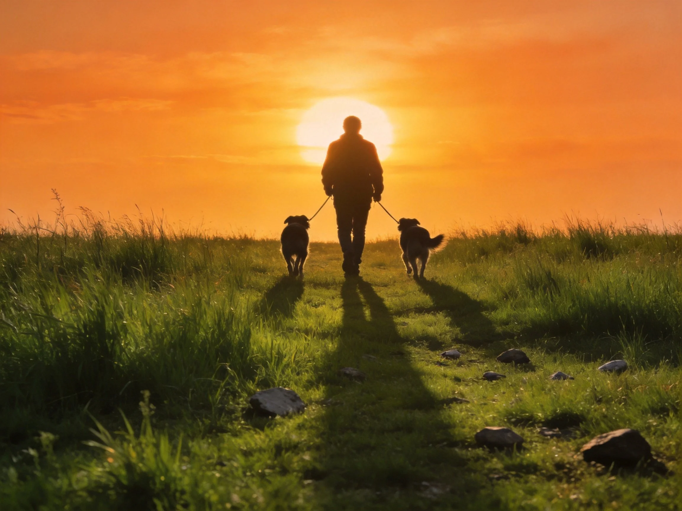 Person walking two dogs at vibrant sunset over grassy terrain