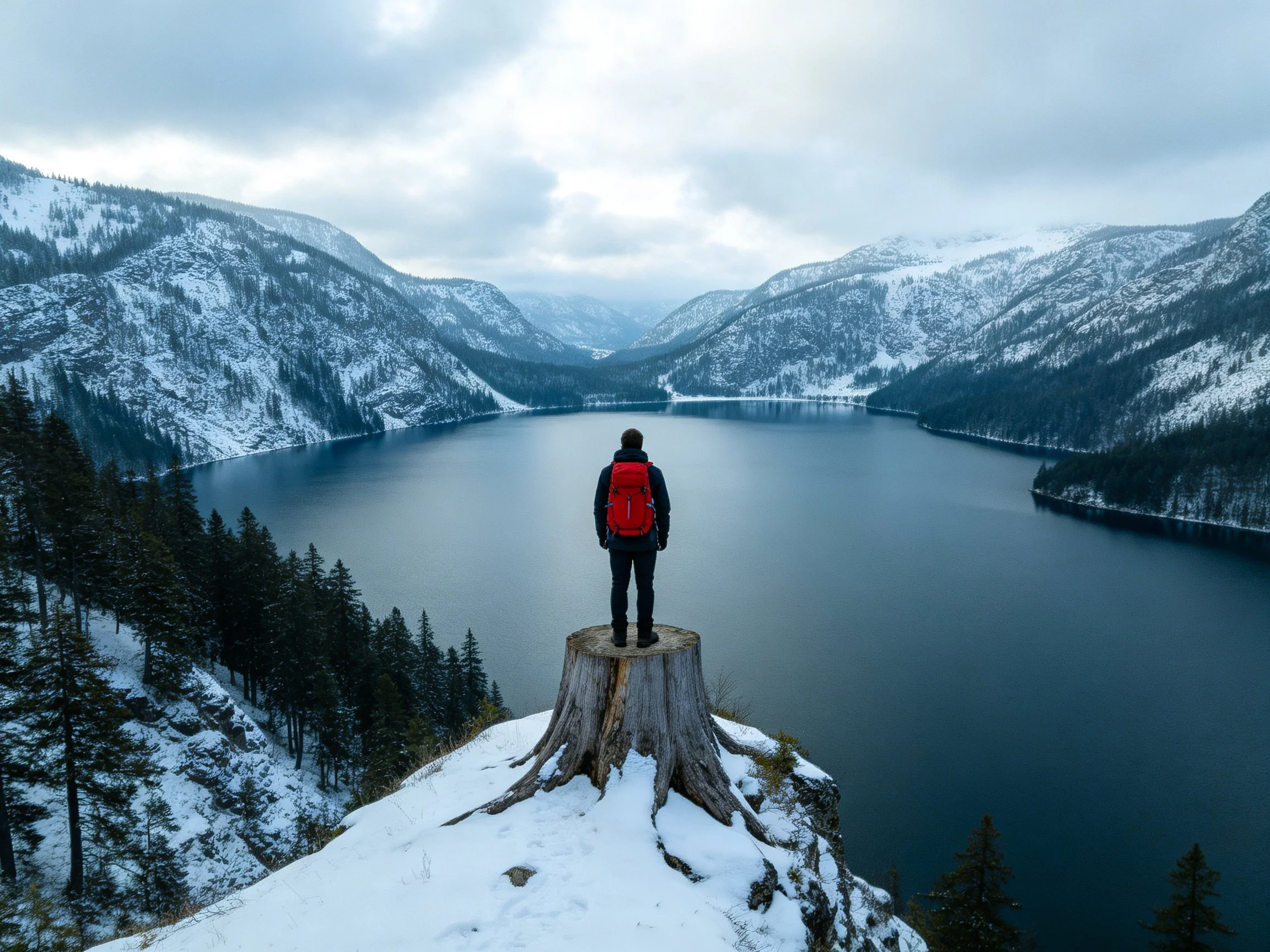 Person with red backpack stands on snow-covered tree stump overlooking mountain lake