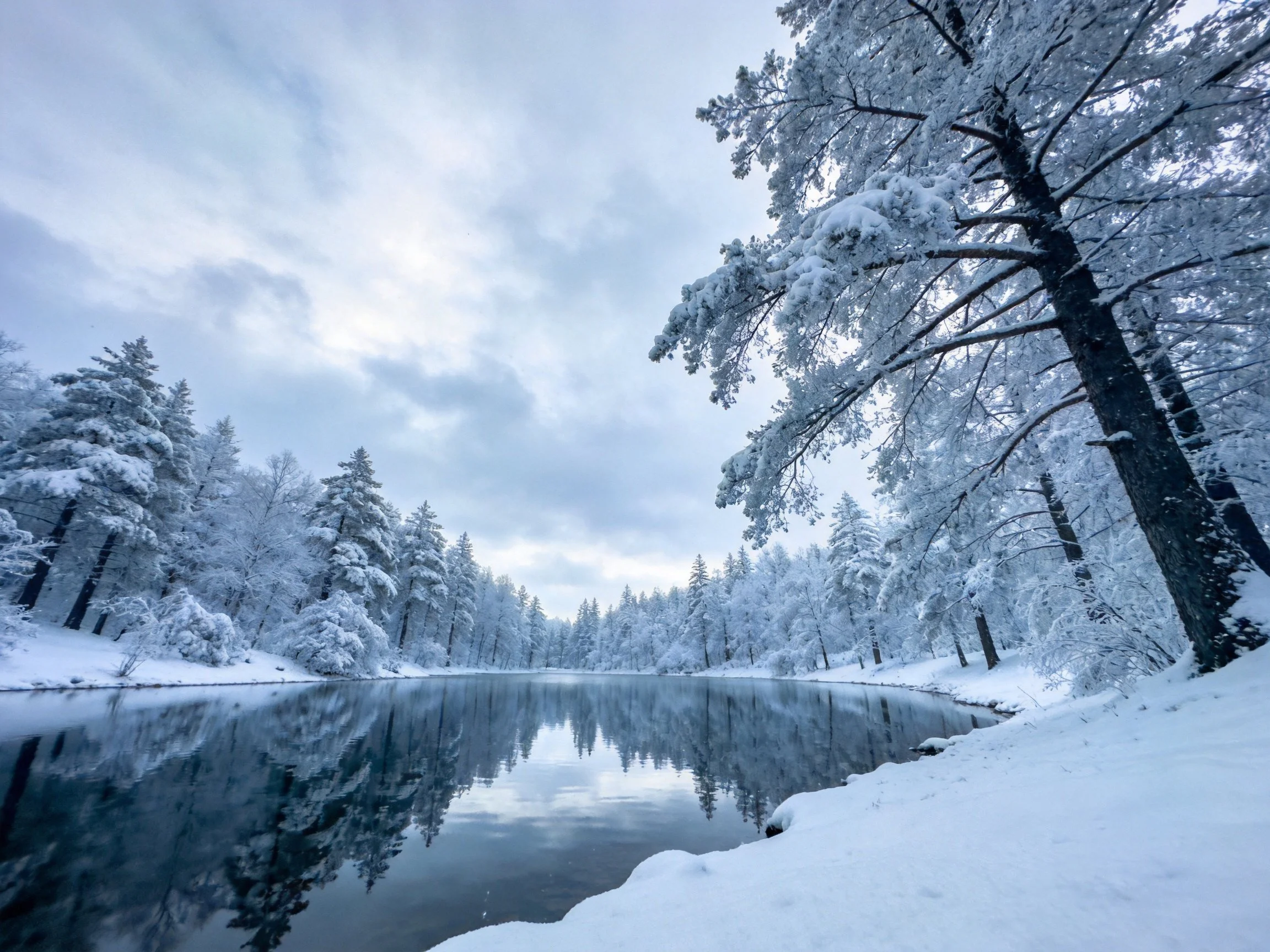 Pine trees covered in thick snow frame a calm lake under gray clouds
