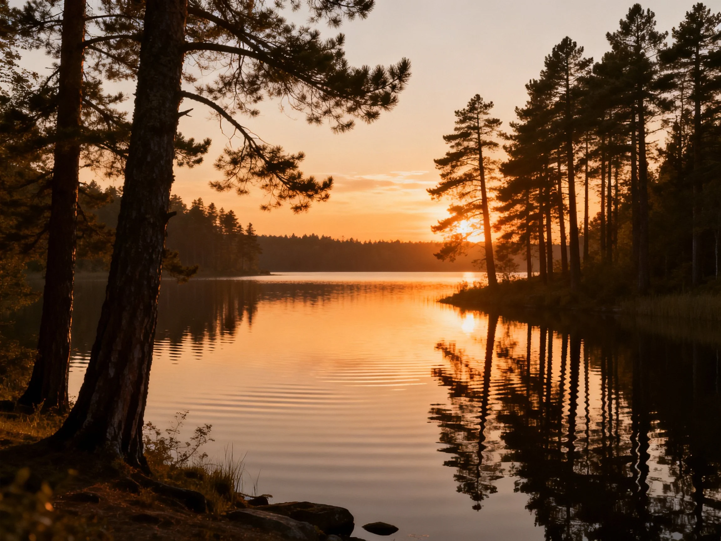 Pine trees reflect in calm lake during golden sunset