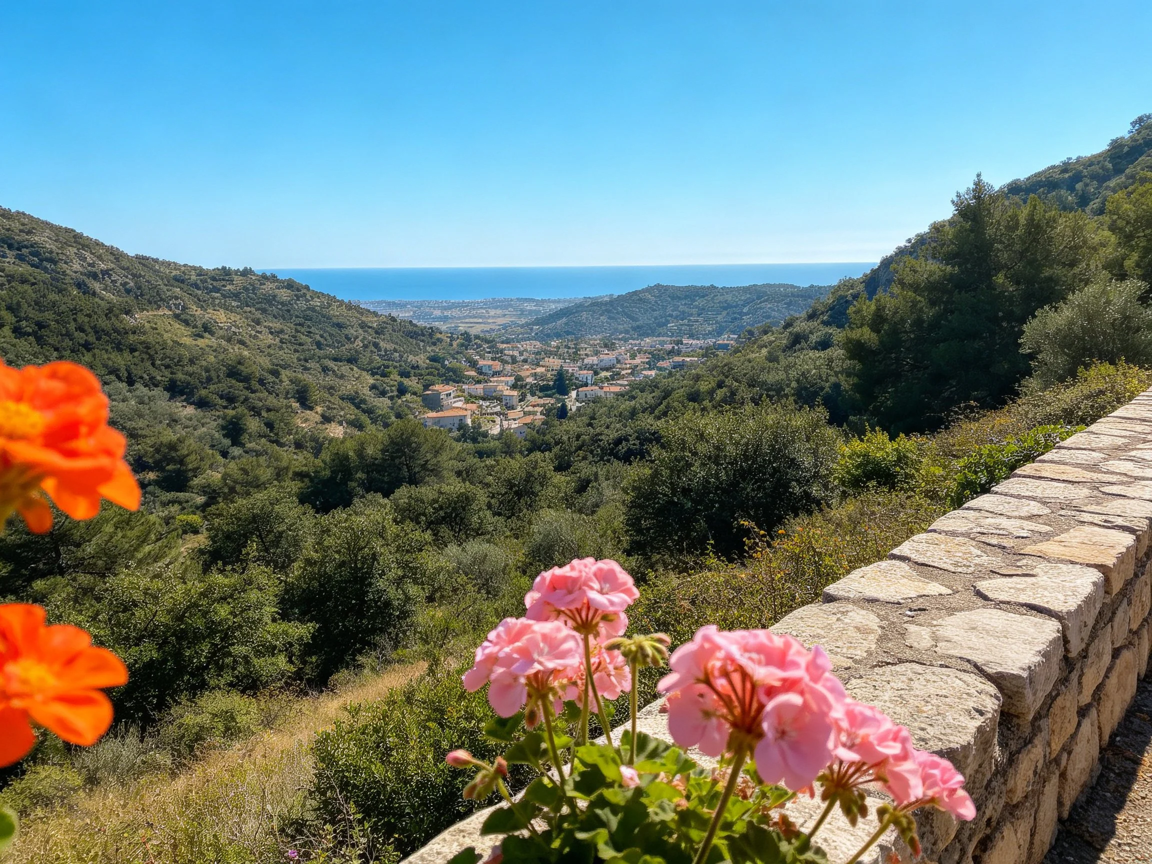 Pink and orange flowers by stone wall view rolling hills, town, and sea