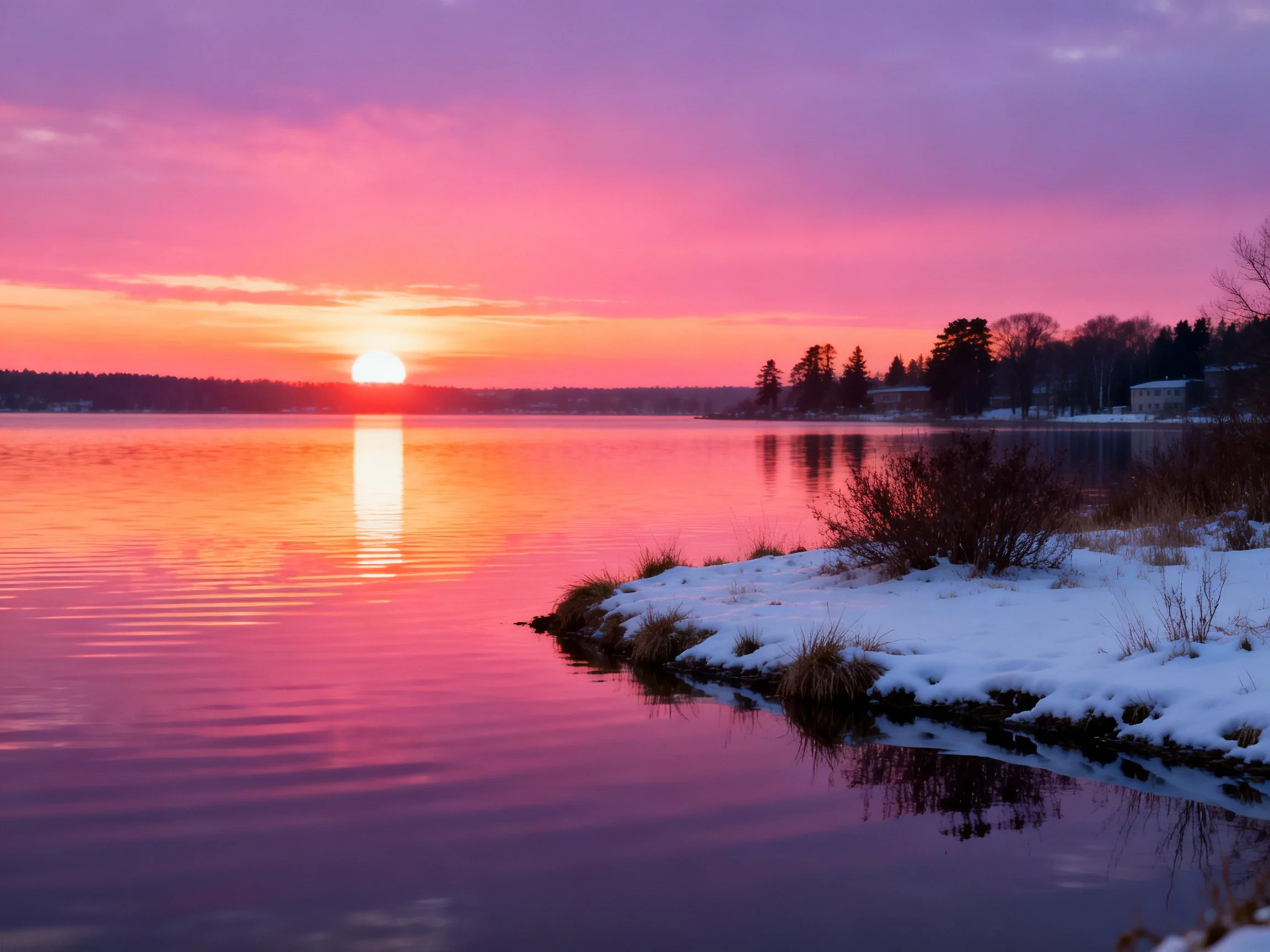 Pink and purple sunset over calm lake with snowy shore