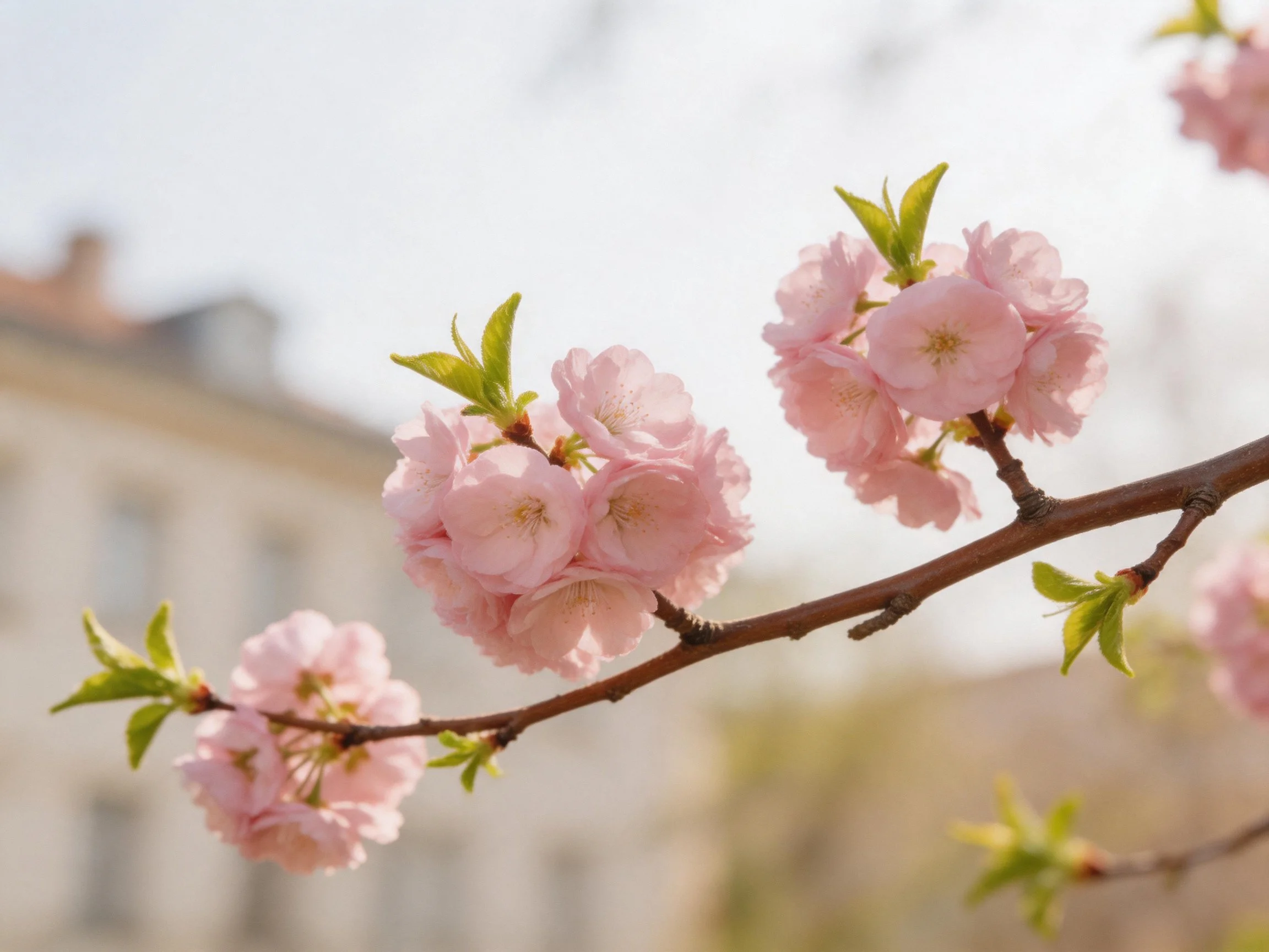 Pink cherry blossom blooms cluster on branches with green leaves near a blurred building