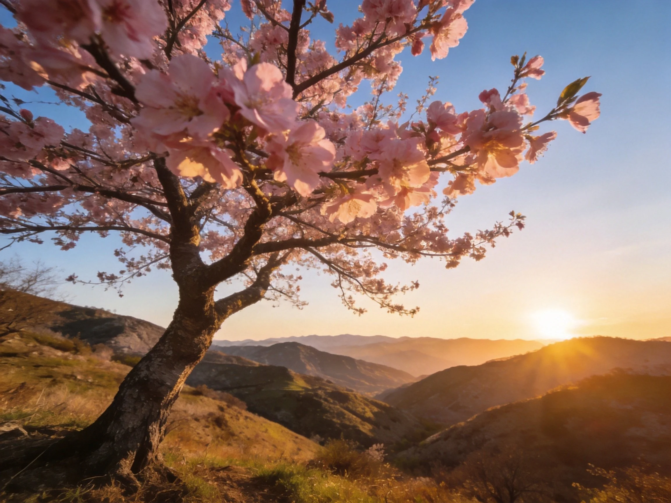 Pink cherry blossom tree against mountainous sunset landscape