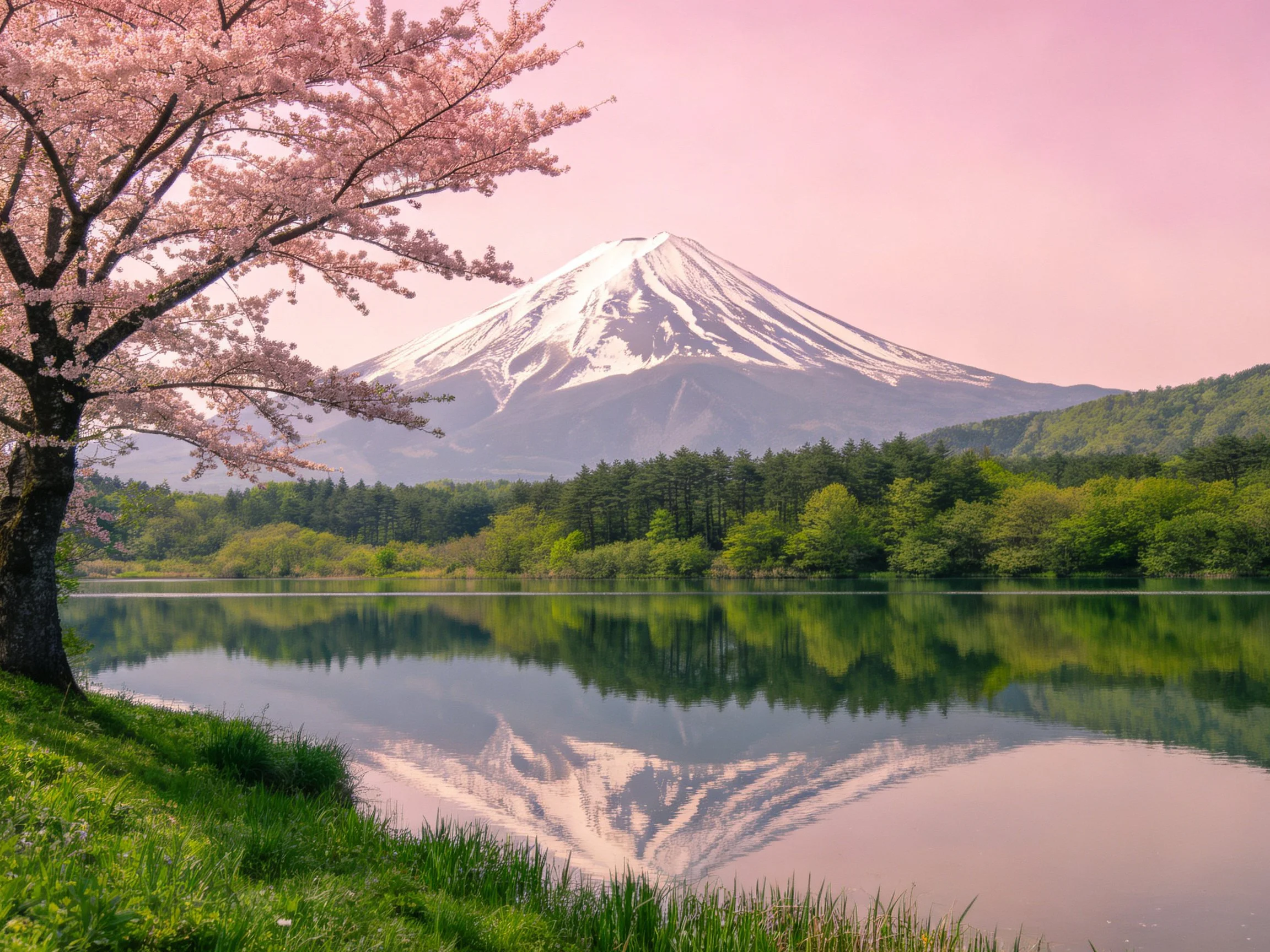 Pink cherry blossom tree by reflective lake with Mount Fuji backdrop