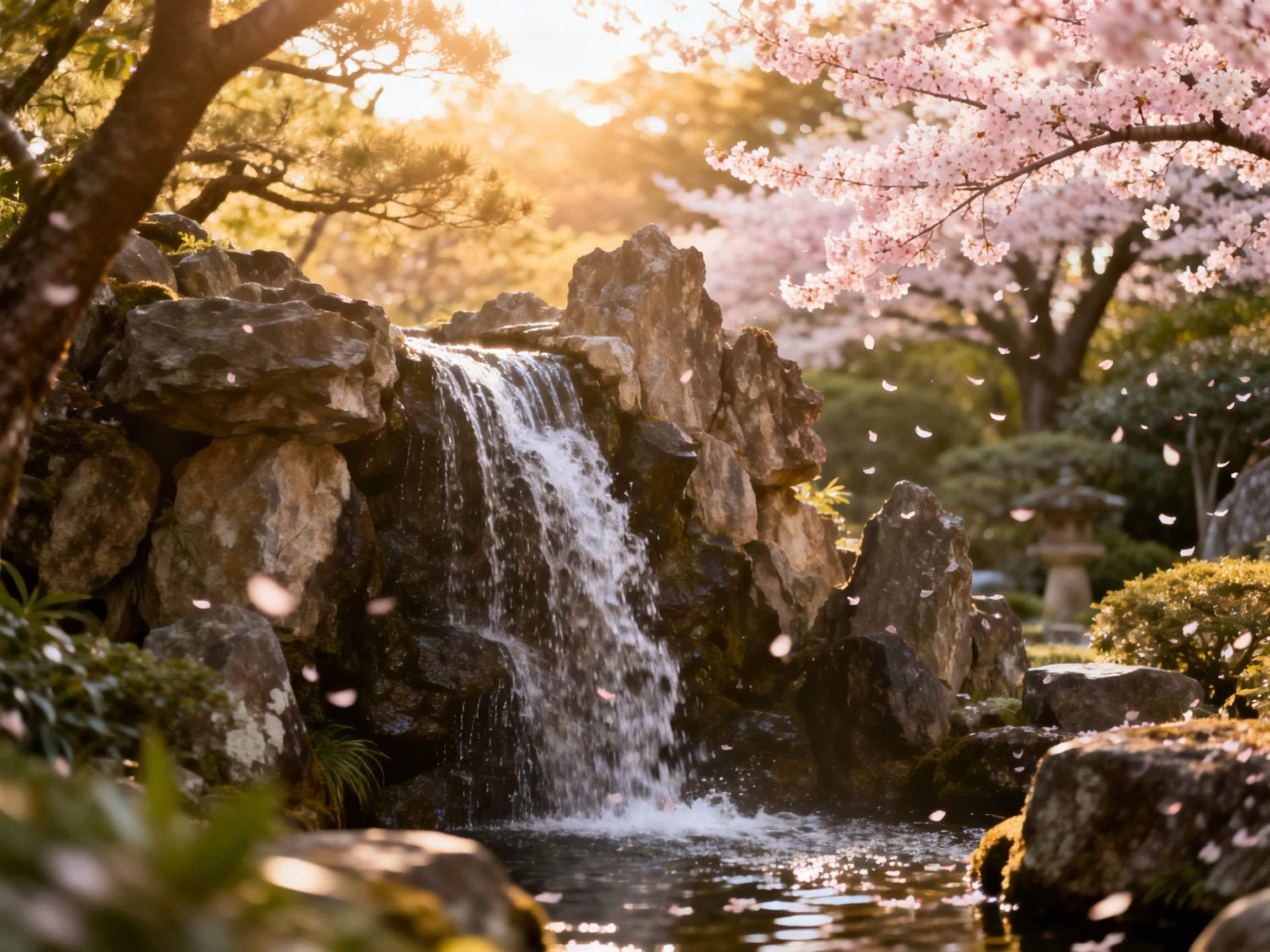 Pink cherry blossoms beside a rocky waterfall in golden sunlight