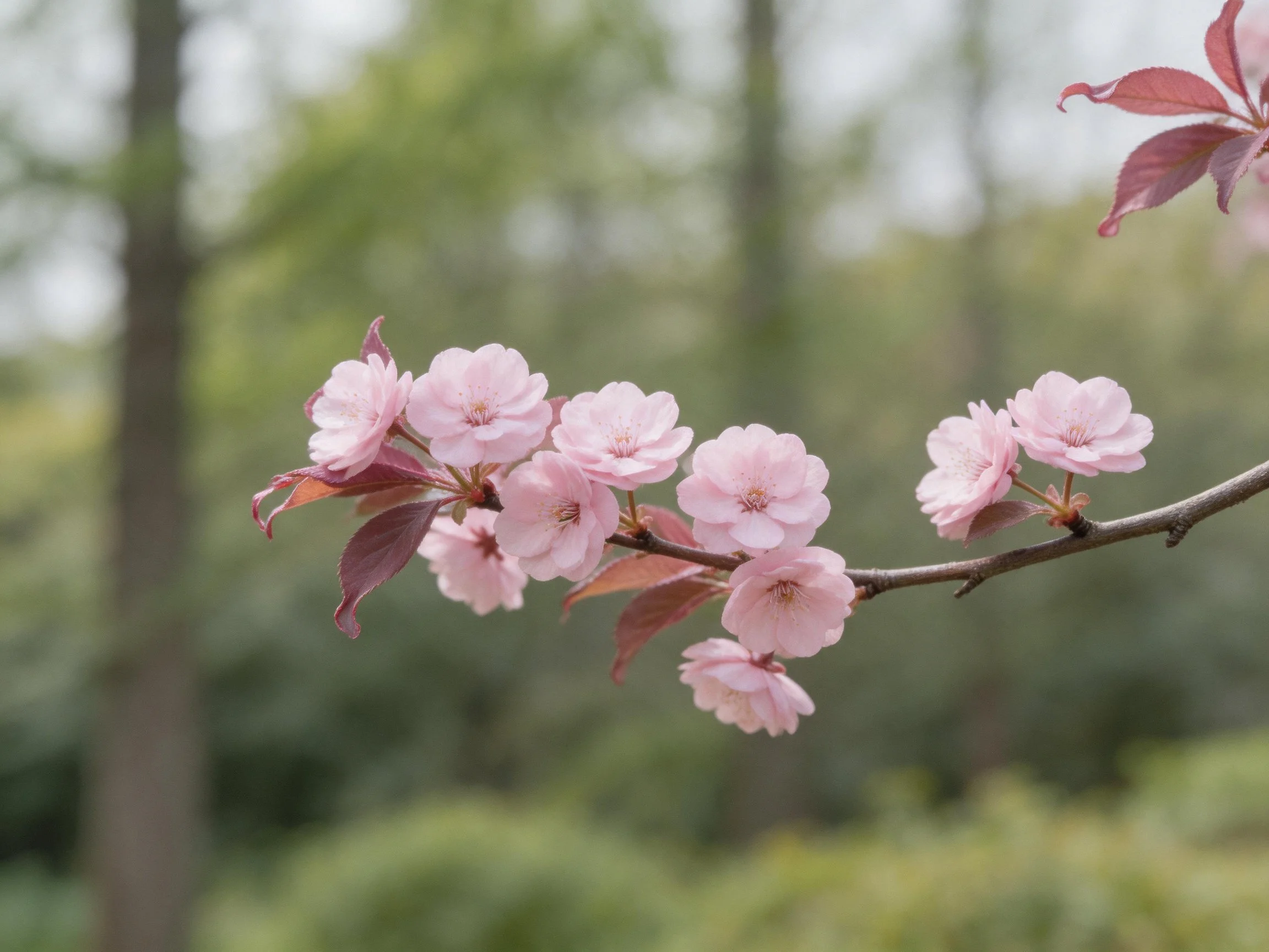 Pink cherry blossoms bloom on a branch with reddish leaves near a green forest