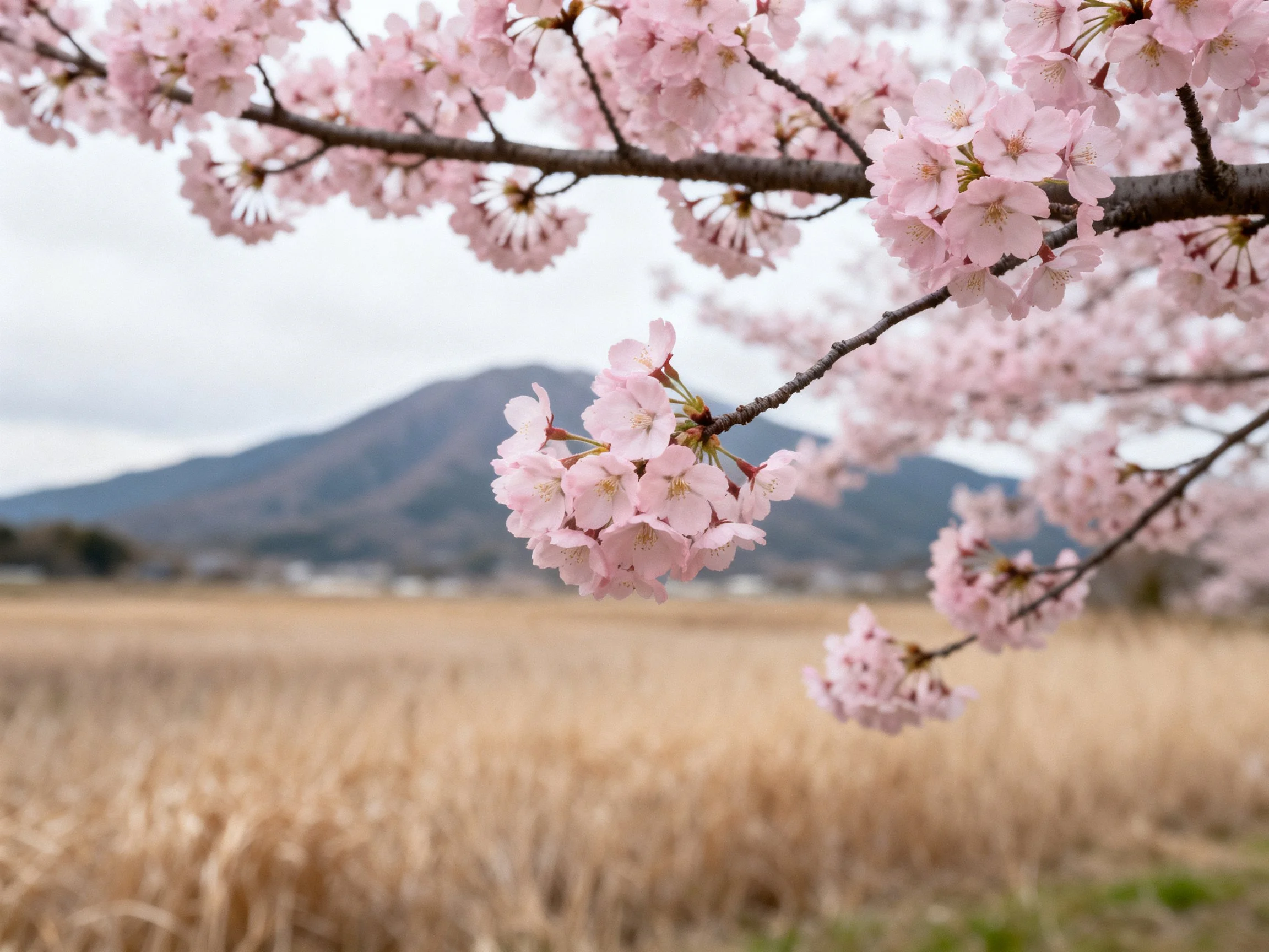 Pink cherry blossoms frame golden field near misty mountain