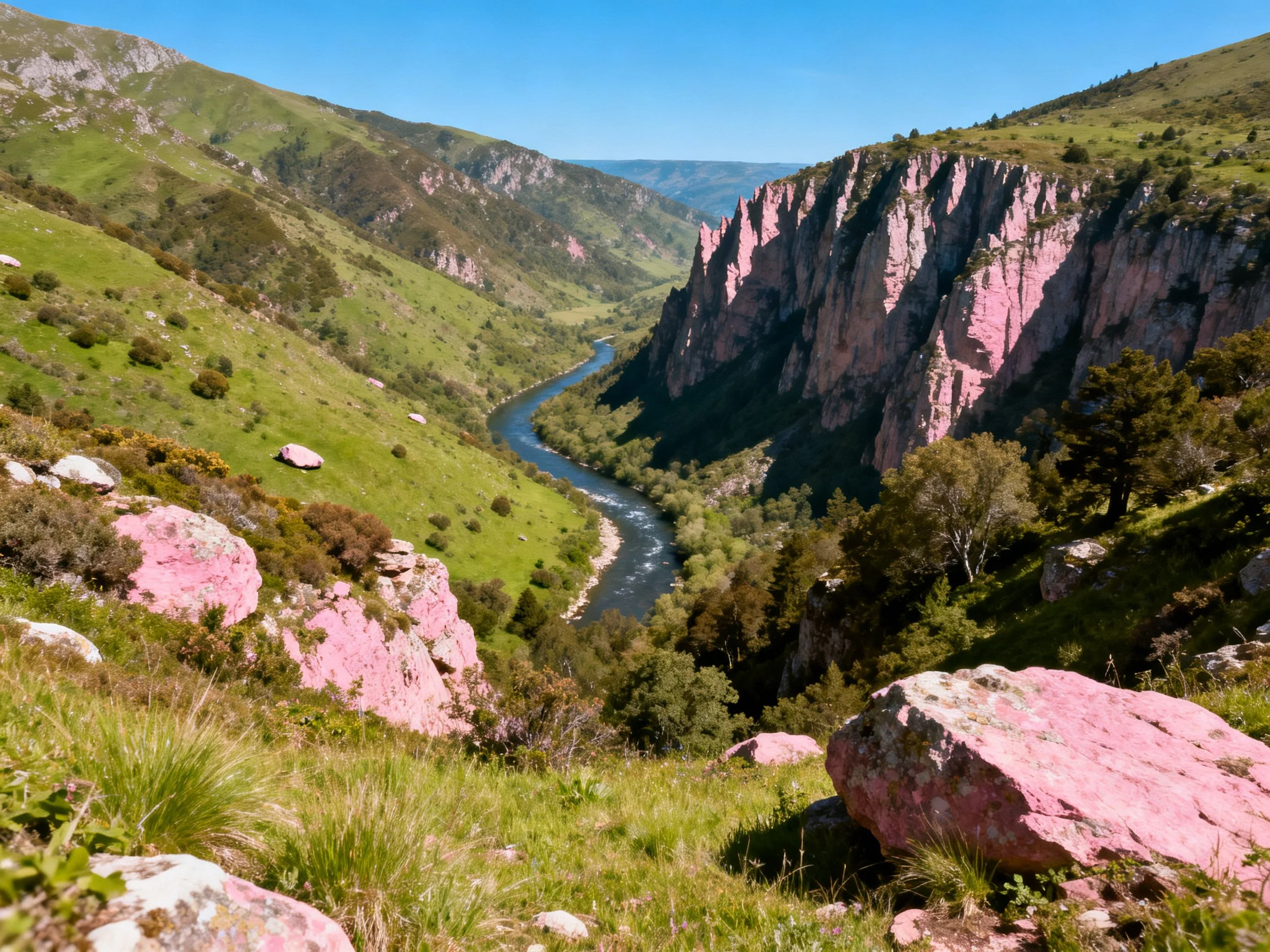 Pink cliffs border a winding river through green valleys