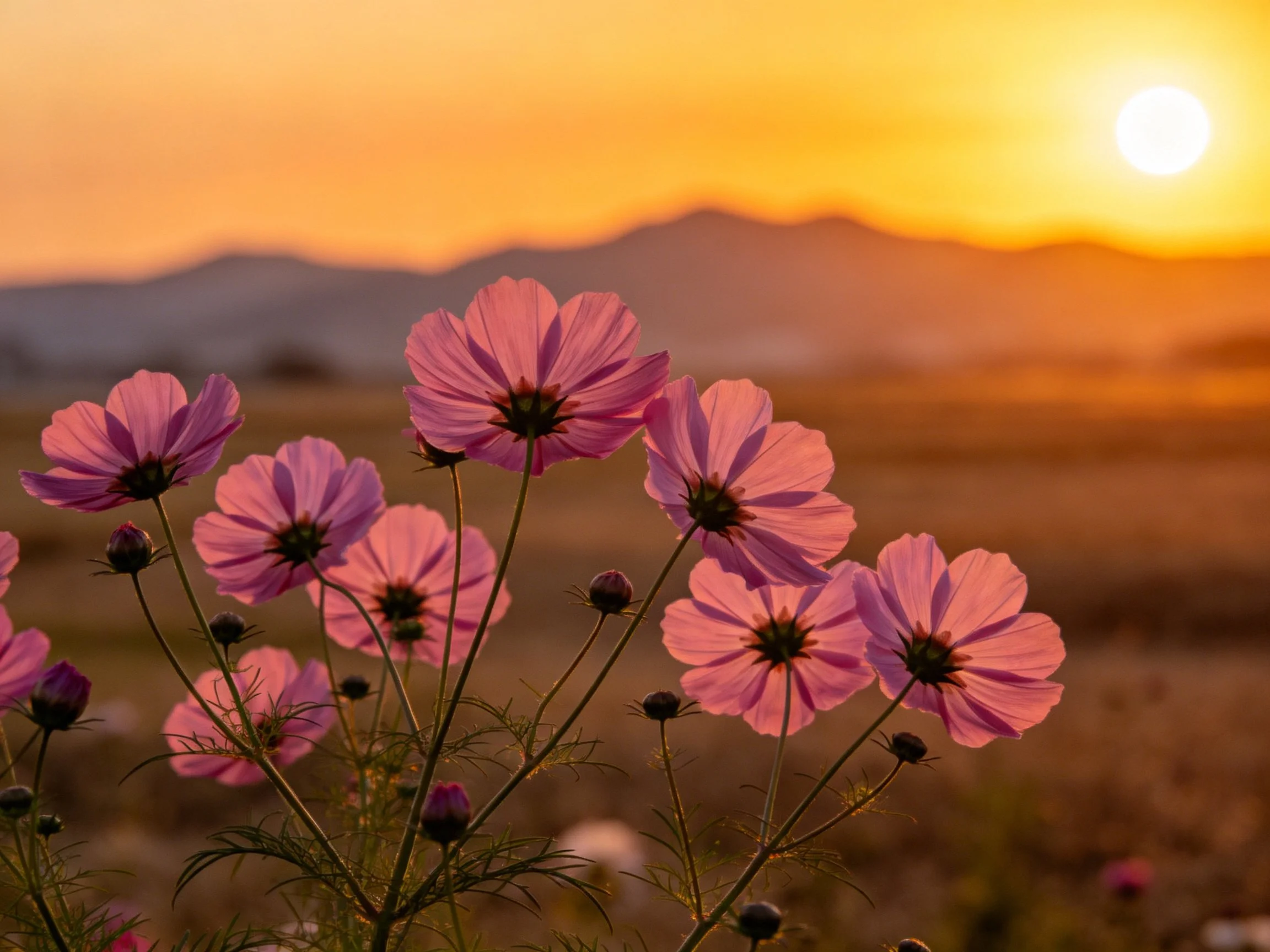 Pink cosmos flowers beneath golden sunset with distant mountains