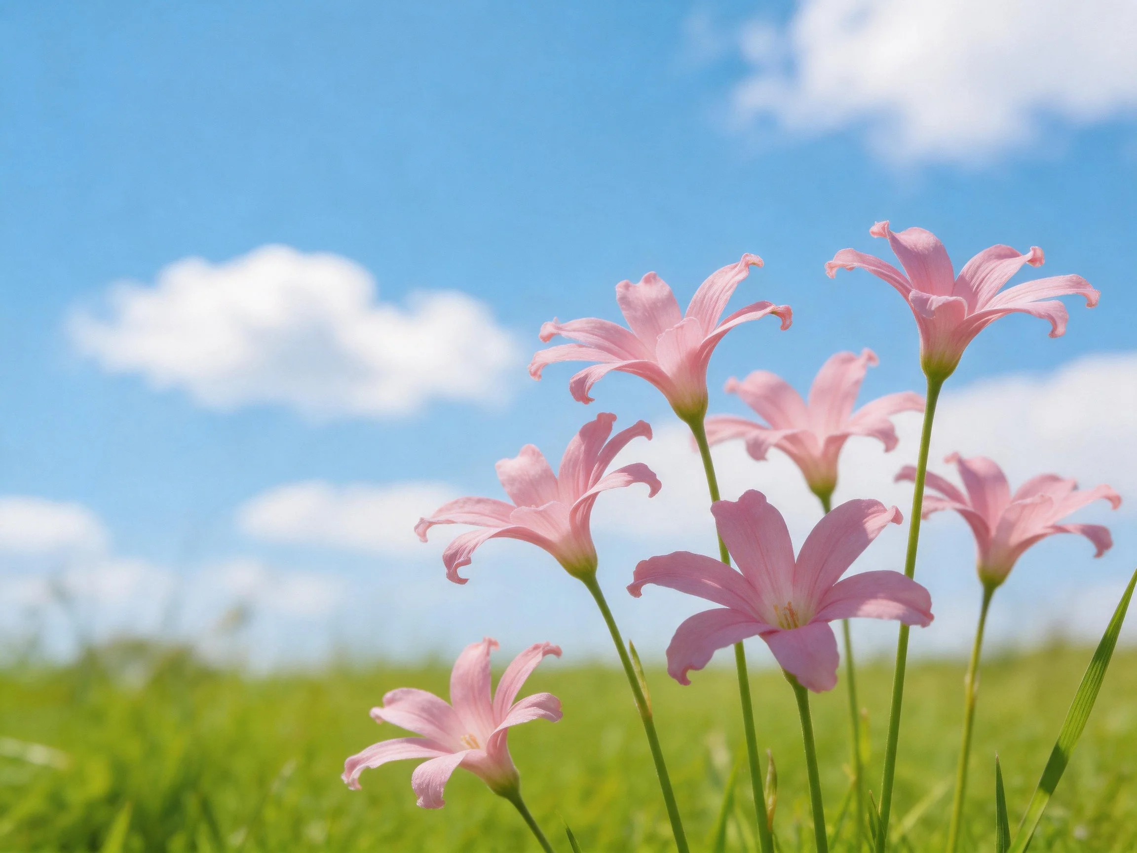 Pink flowers bloom amid lush green grass under a bright blue sky
