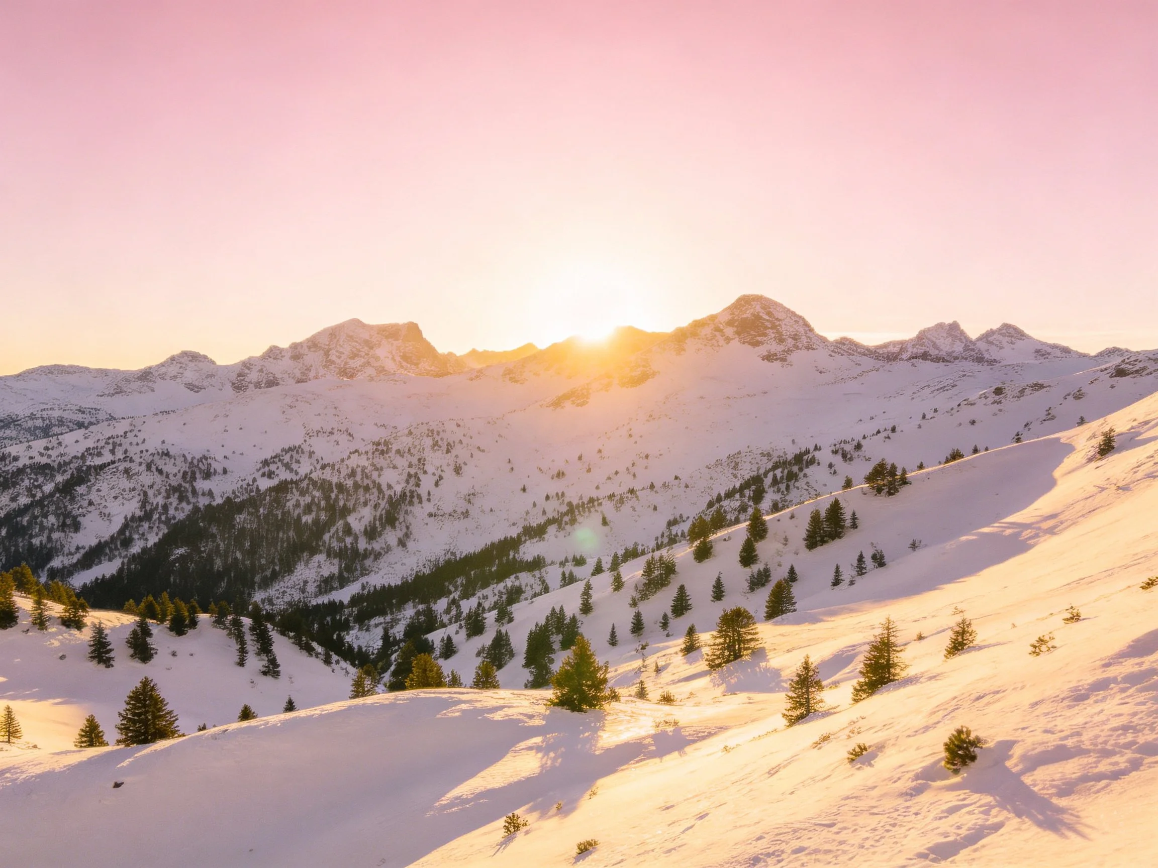 Pink-hued sunrise over snow-covered mountain slopes with evergreen trees