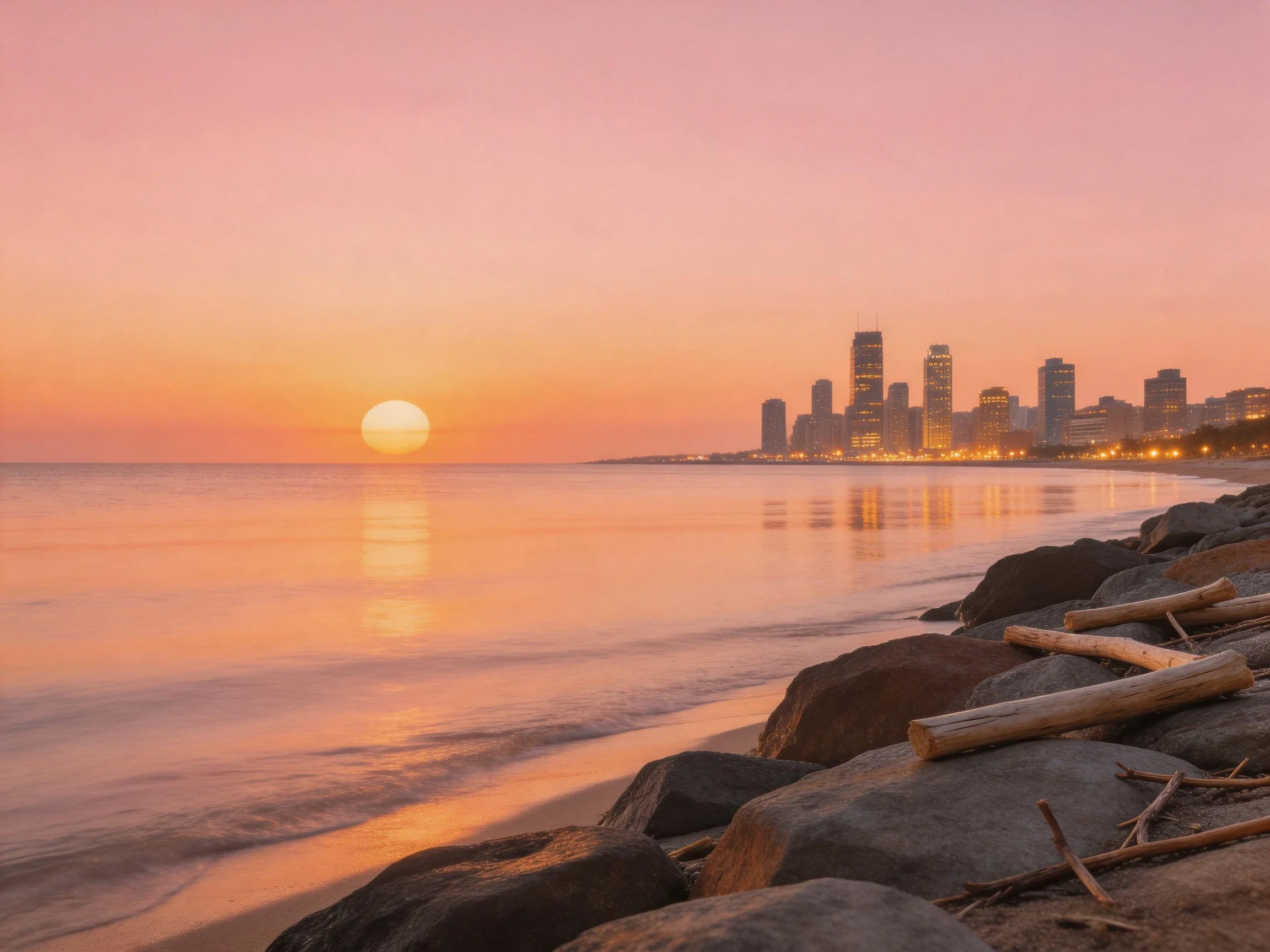 Pink-hued sunset over calm sea with rocky shoreline