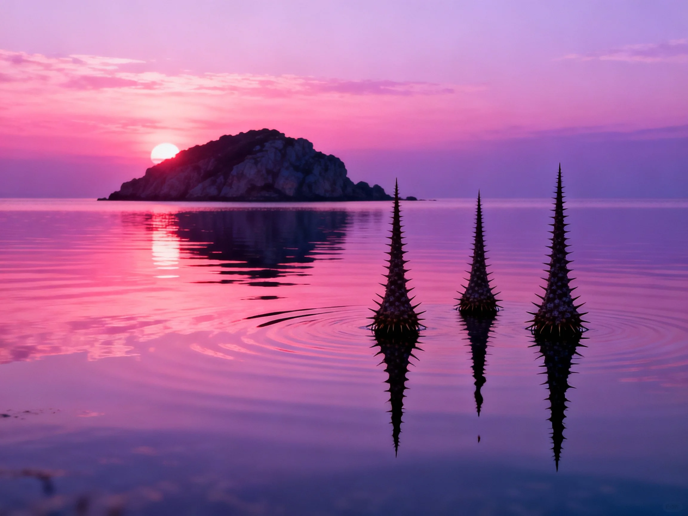 Pink-hued sunset over calm waters with rocky island and spiked reflections