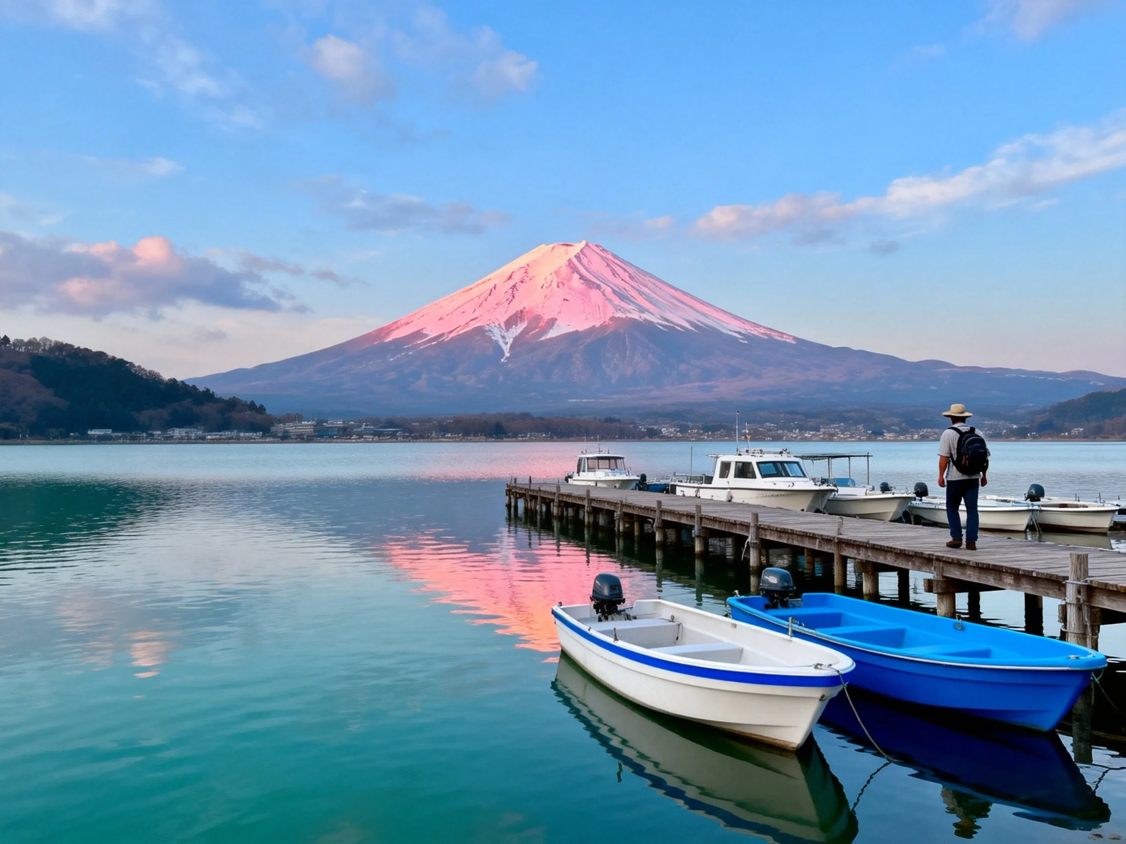 Pink-peaked Mount Fuji reflected in calm lake with docked boats