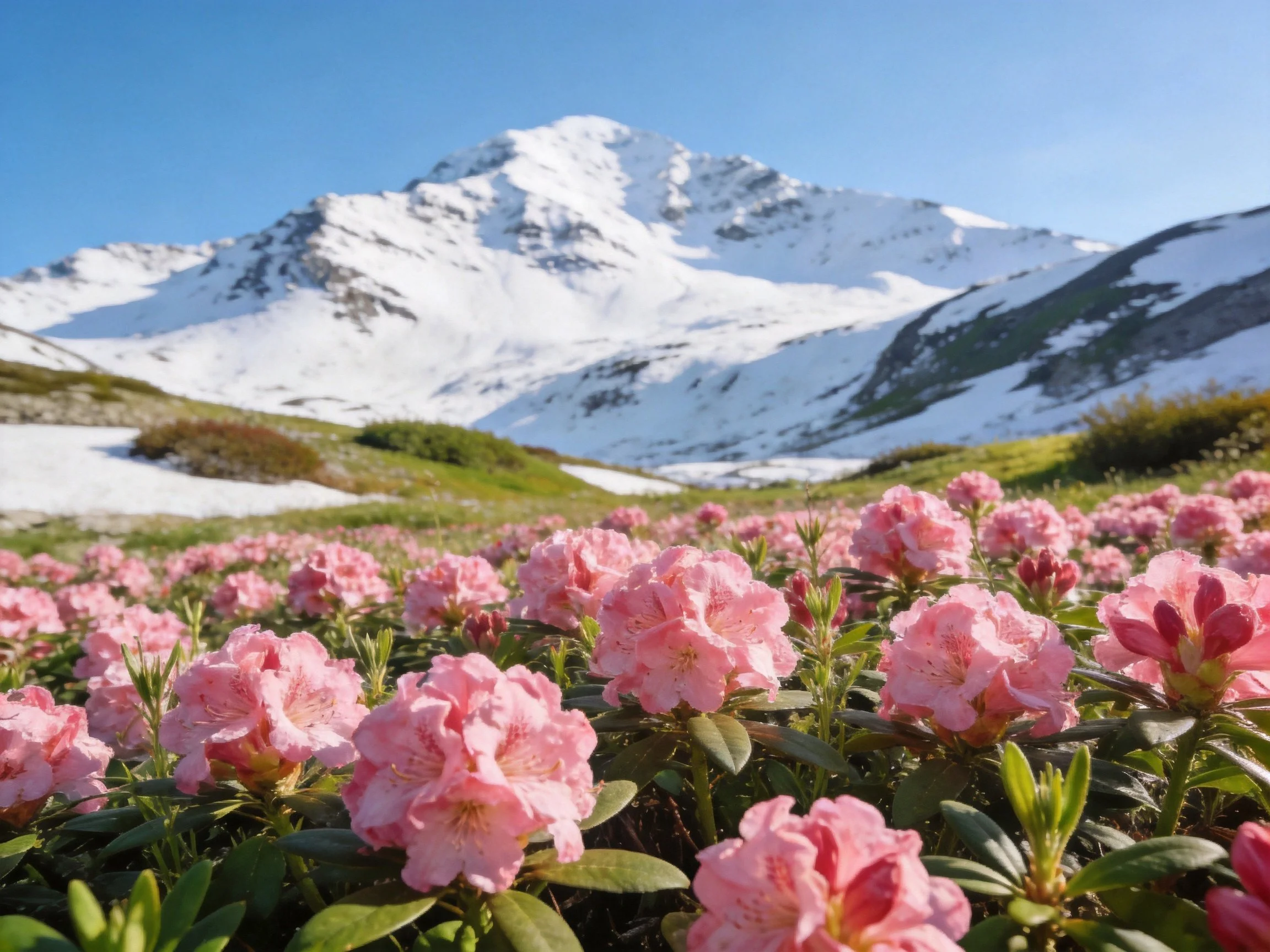 Pink rhododendrons bloom near snow-capped mountain peaks