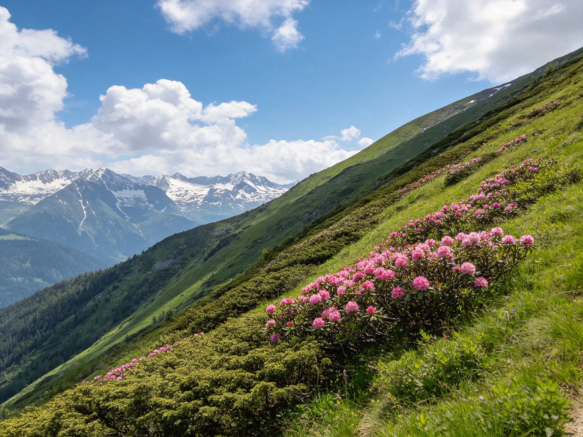 Pink rhododendrons bloom on a lush green mountain slope with distant snow-capped peaks