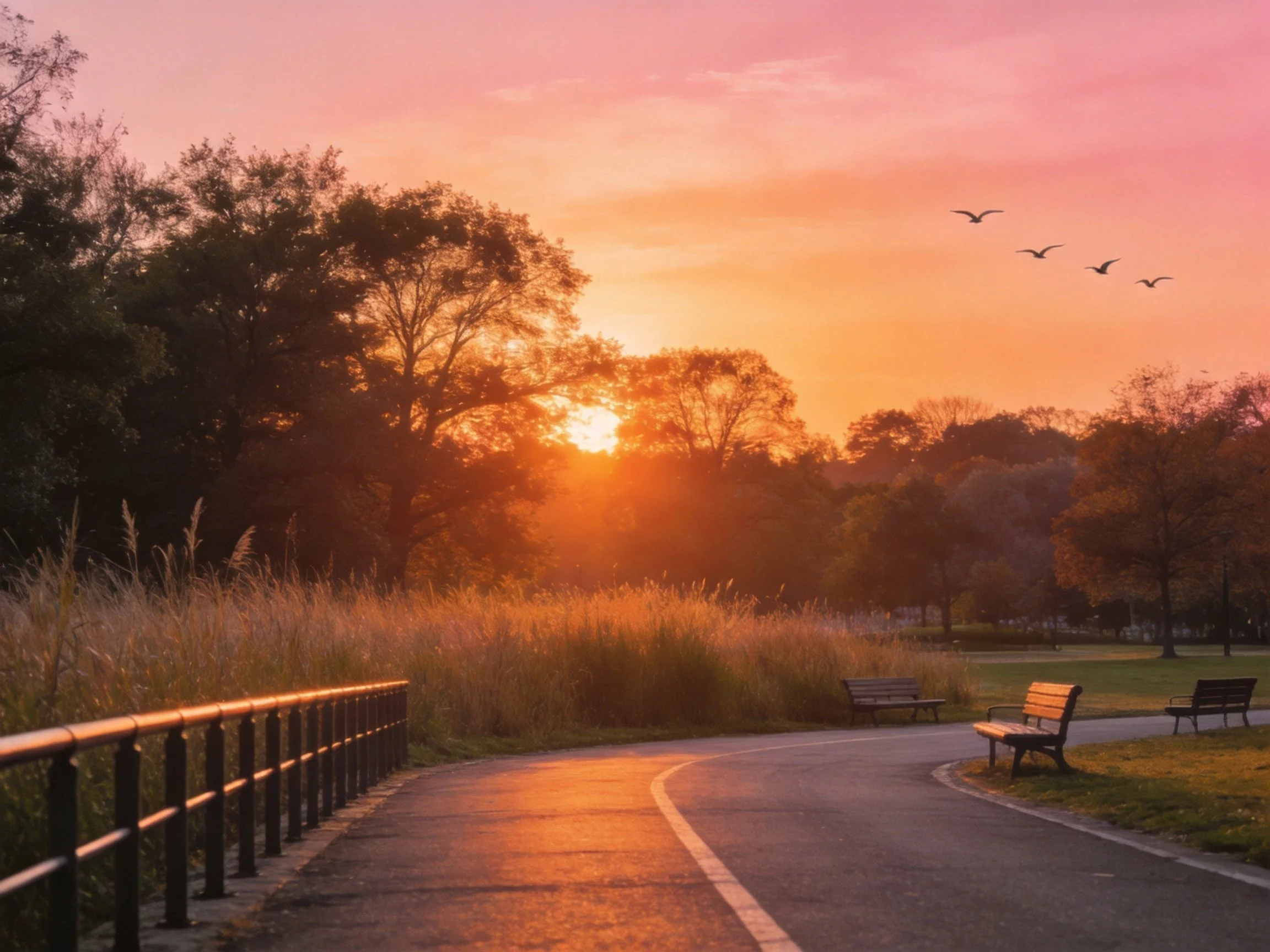 Pink sunset lights park path with benches and birds