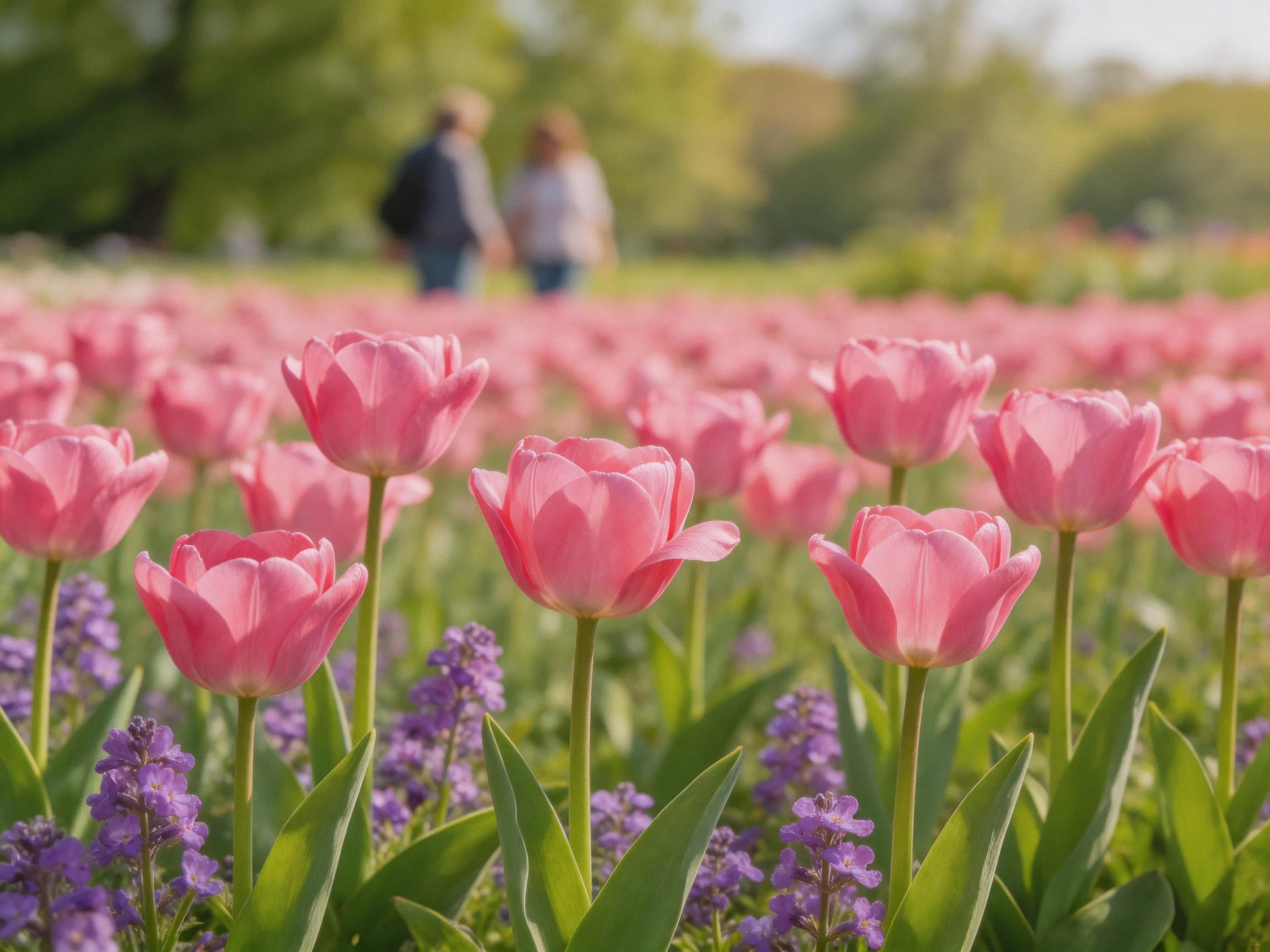 Pink tulip field with purple flowers and distant figures