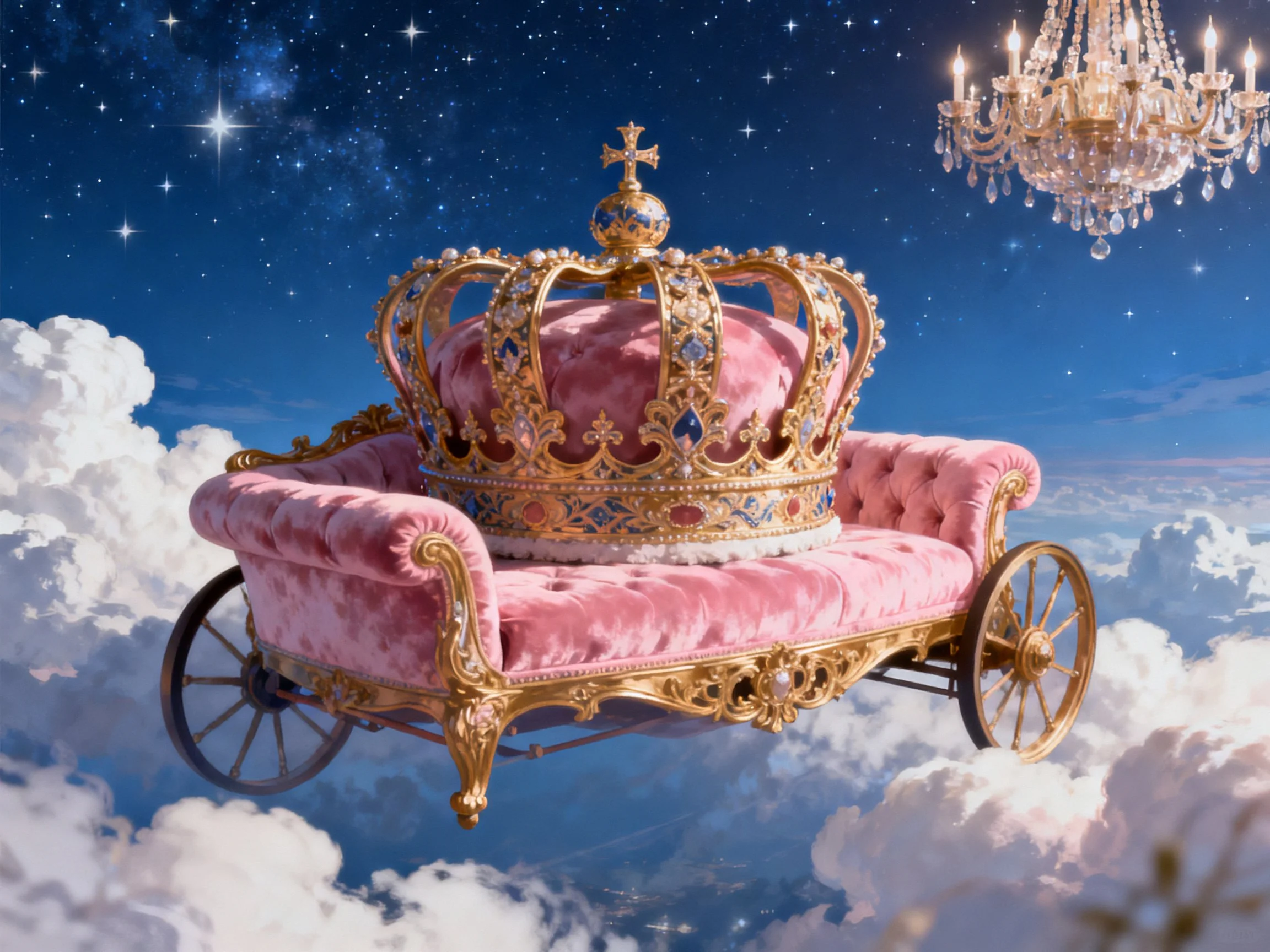Pink velvet carriage with ornate golden crown floating among clouds