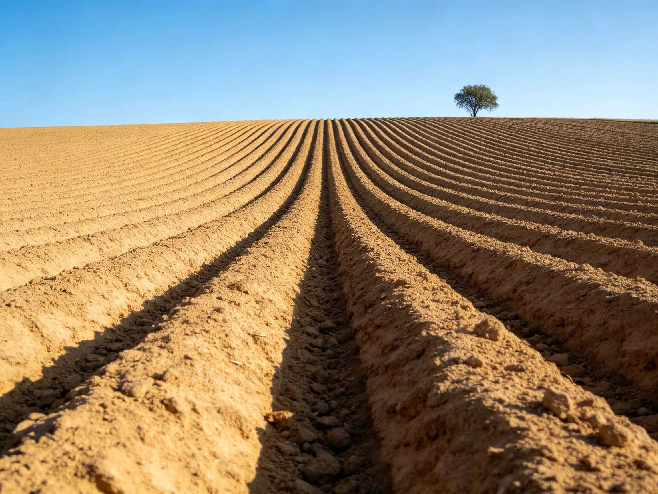 Plowed agricultural field with parallel soil rows leading to a lone tree