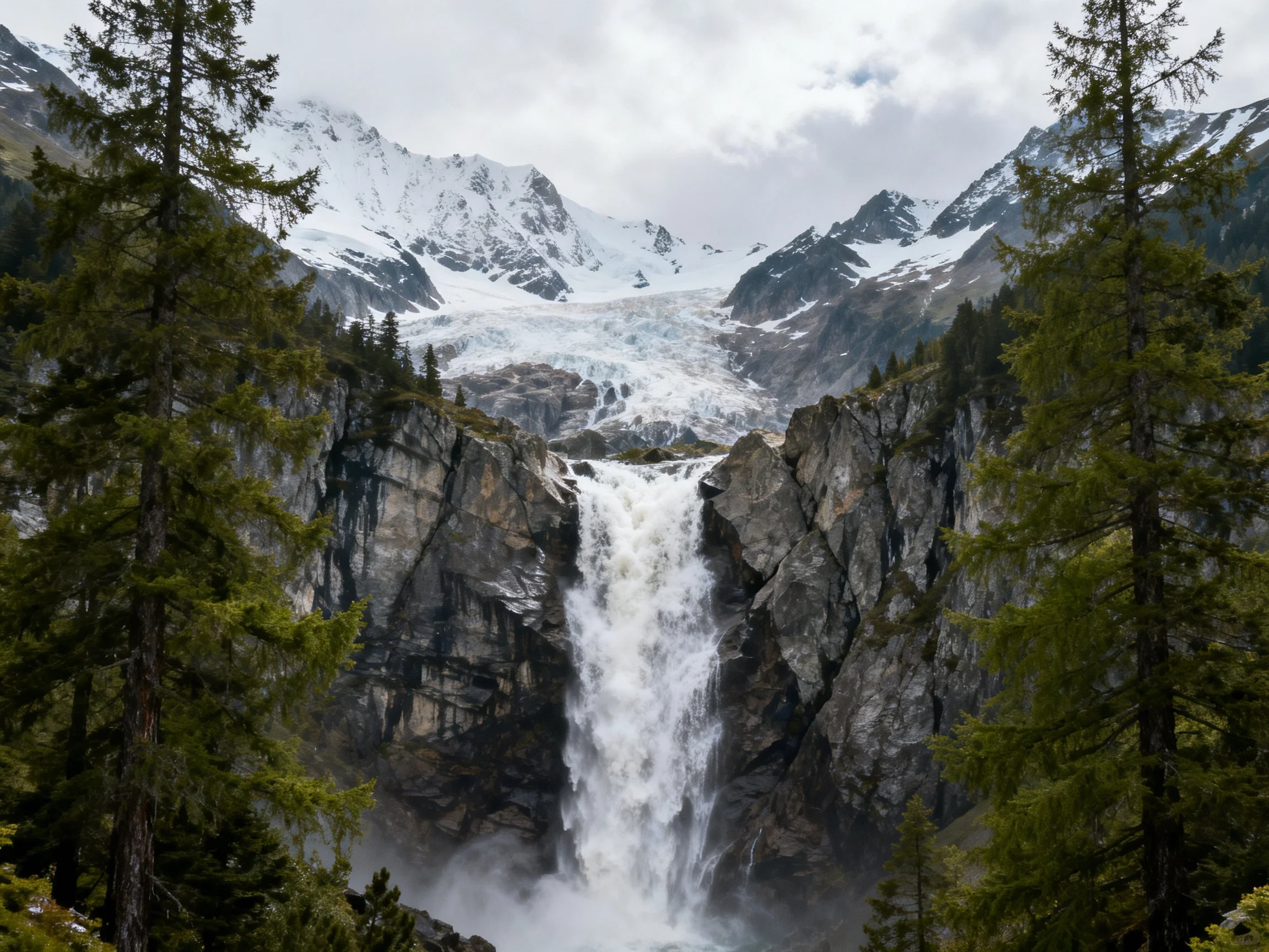 Powerful waterfall flows between rocky cliffs near snow-capped mountains