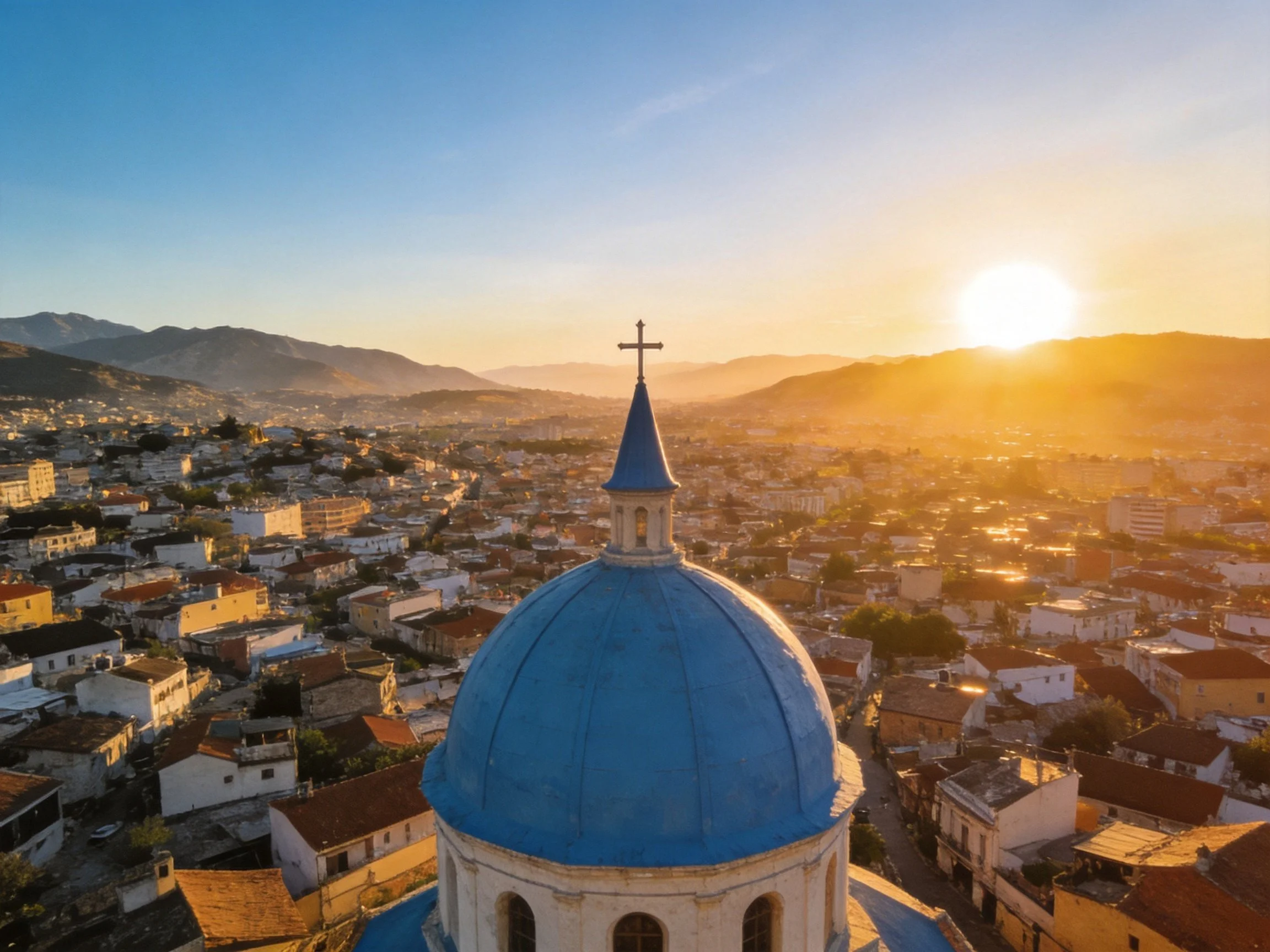 Prominent Blue-Domed Church Tower Over Sunset City With Mountains