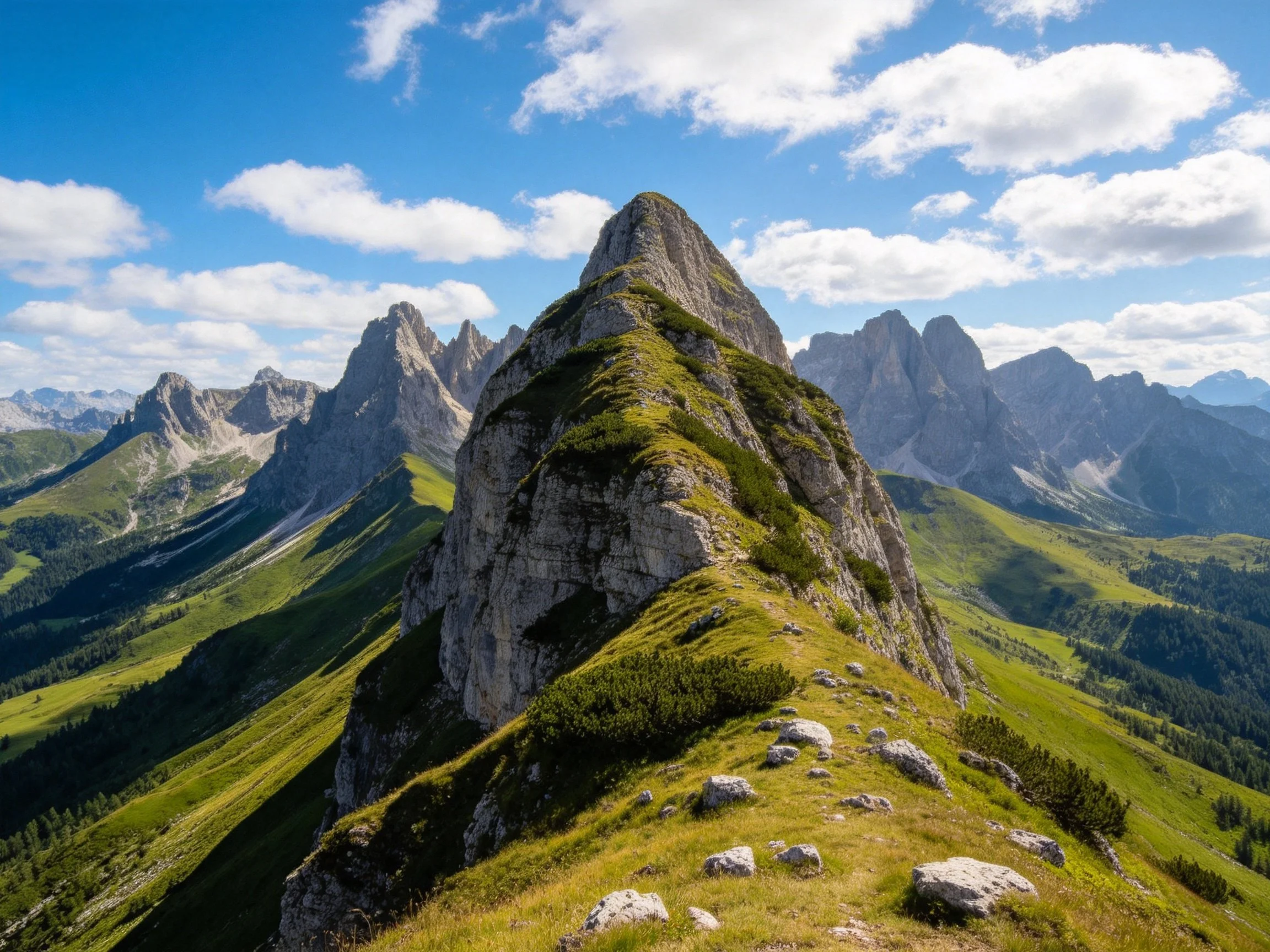 Prominent rocky mountain peak with lush green slopes and distant peaks