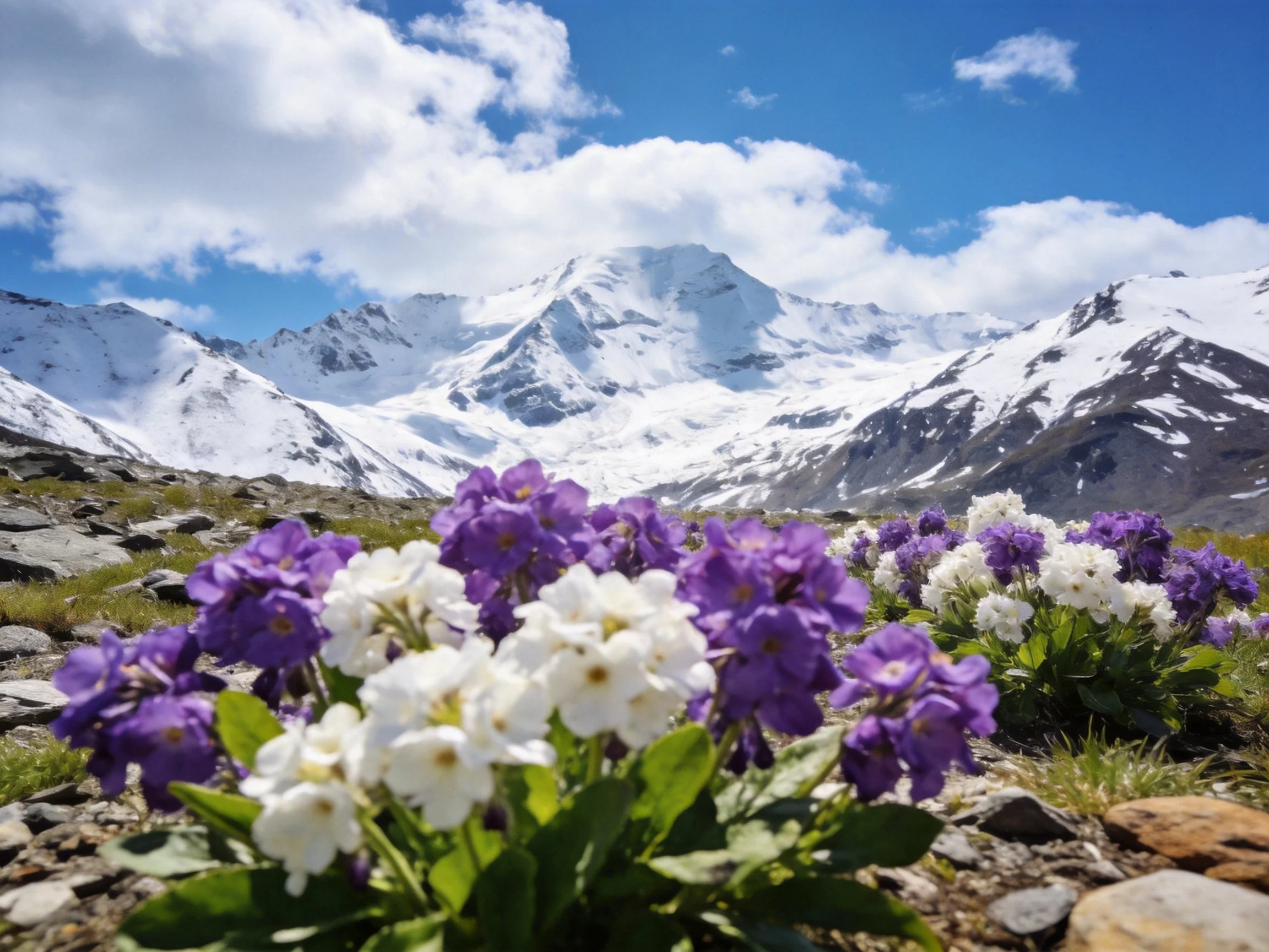 Purple and white wildflowers near snow-capped mountain peaks