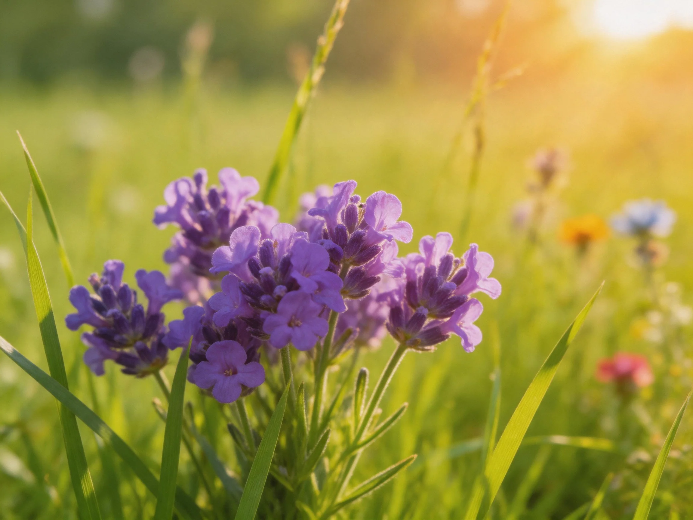 Purple lavender clusters amid tall green grass under golden sunlight