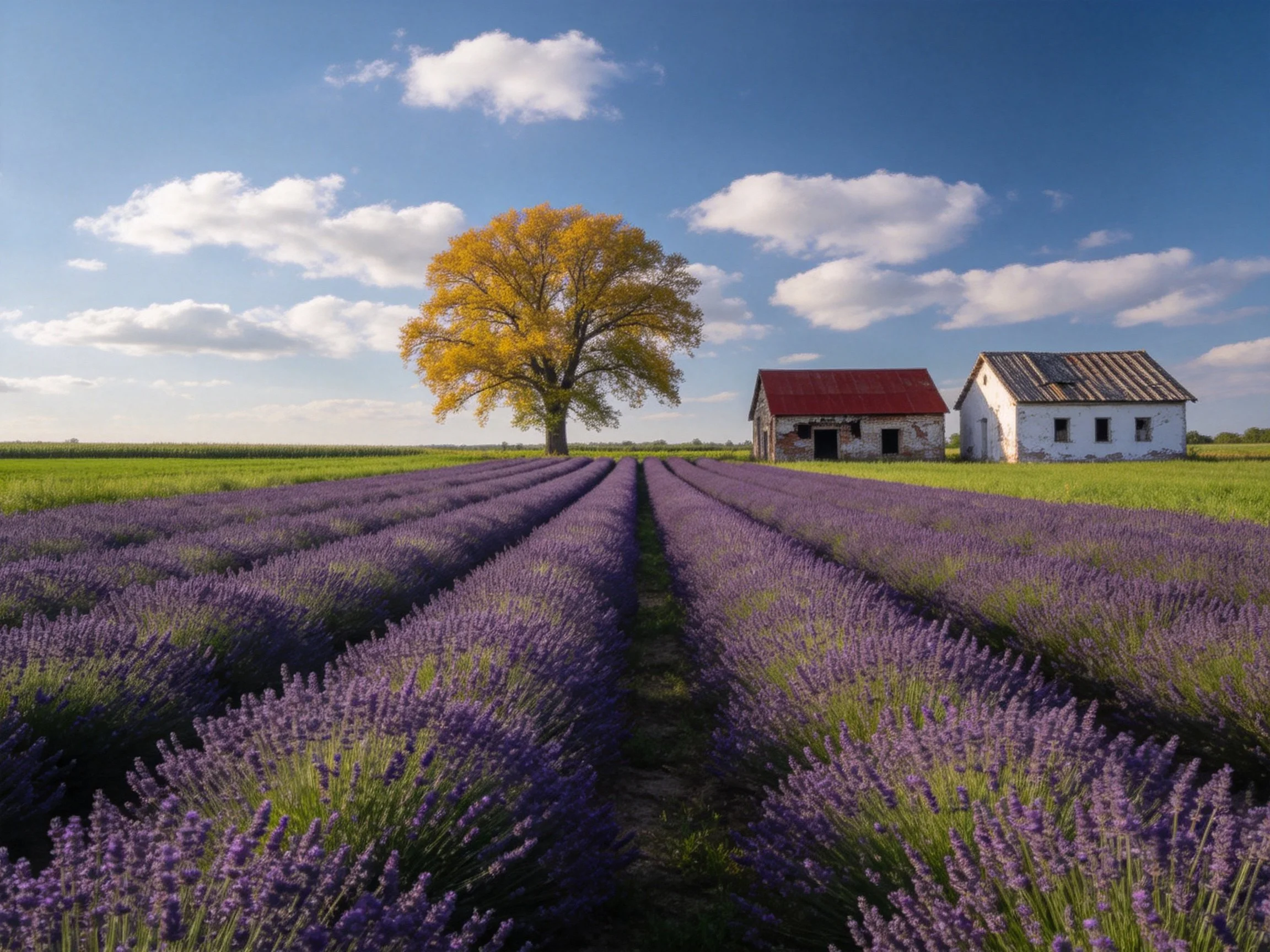 Purple lavender fields, golden tree, old farmhouses