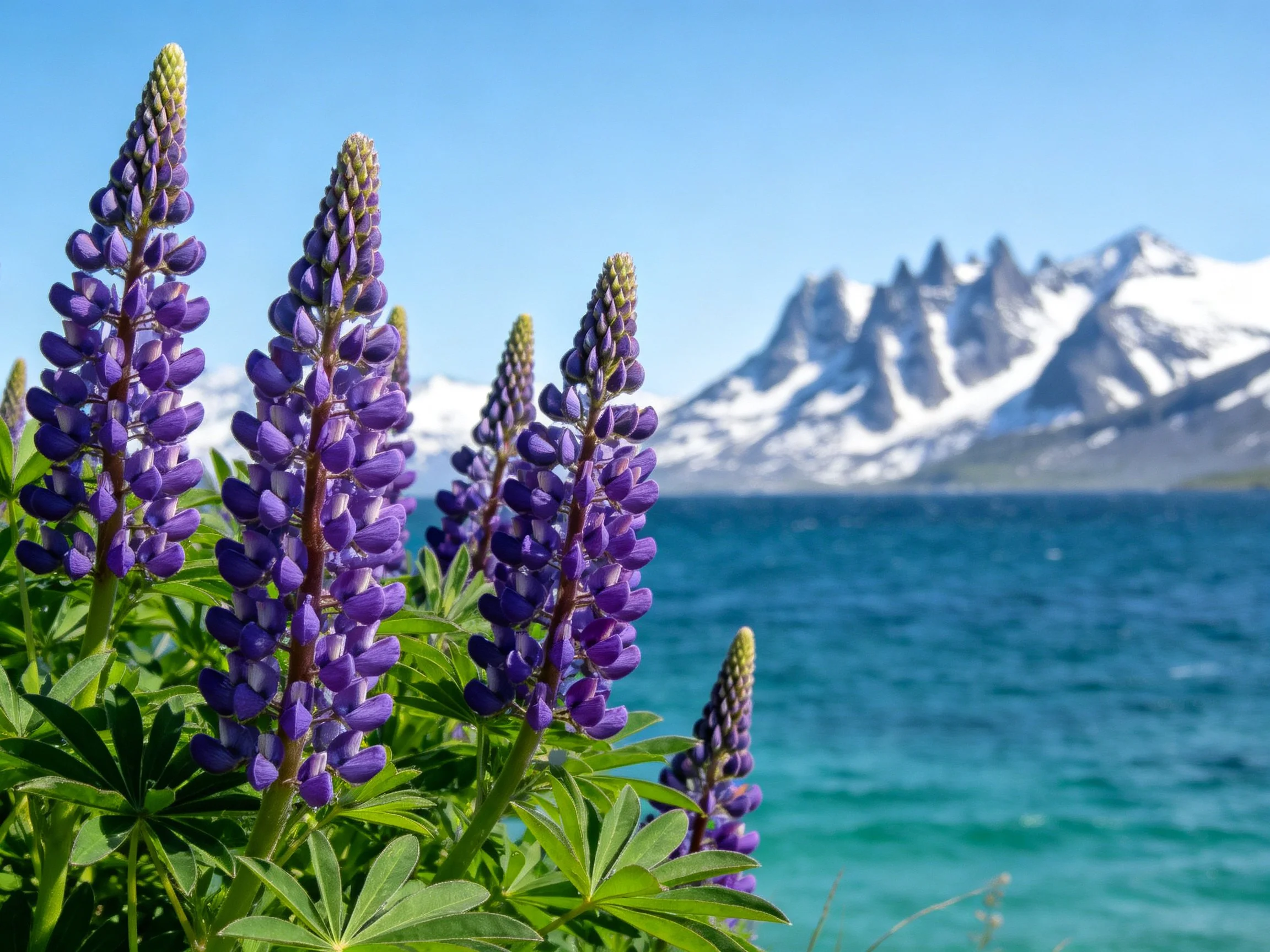 Purple lupines bloom near turquoise waters with snow-capped mountains