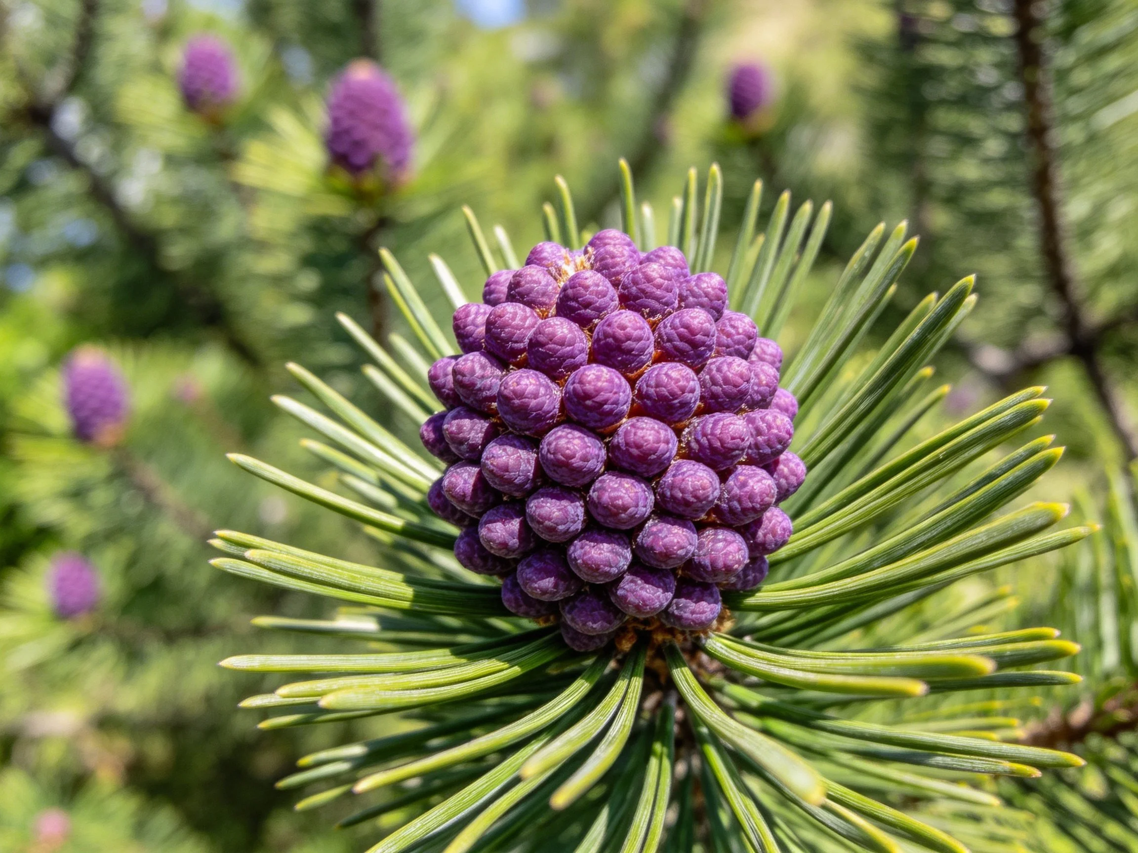 Purple pine cones clustered among vibrant green needle branches