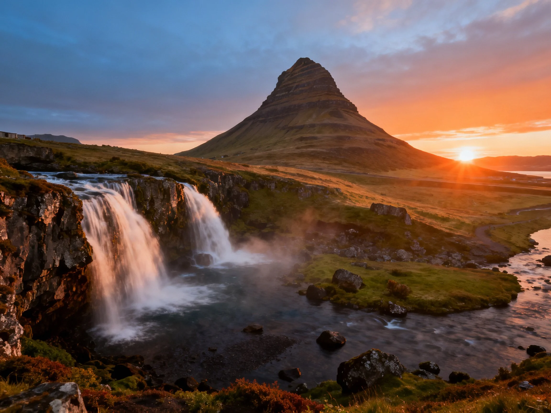 Pyramid Mountain and Waterfall at Sunset in Iceland