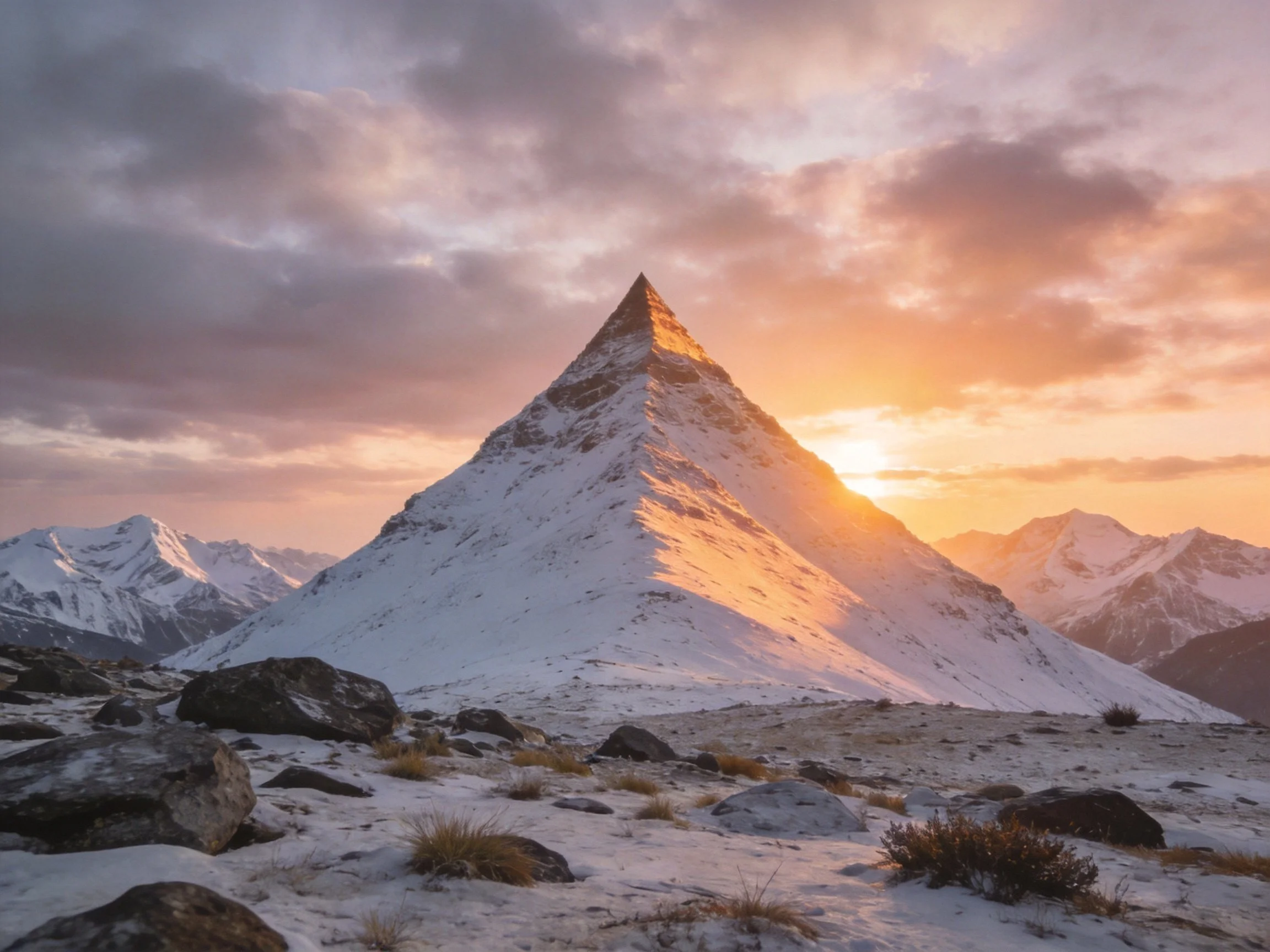 Pyramid - shaped snow peak illuminated by golden sunset