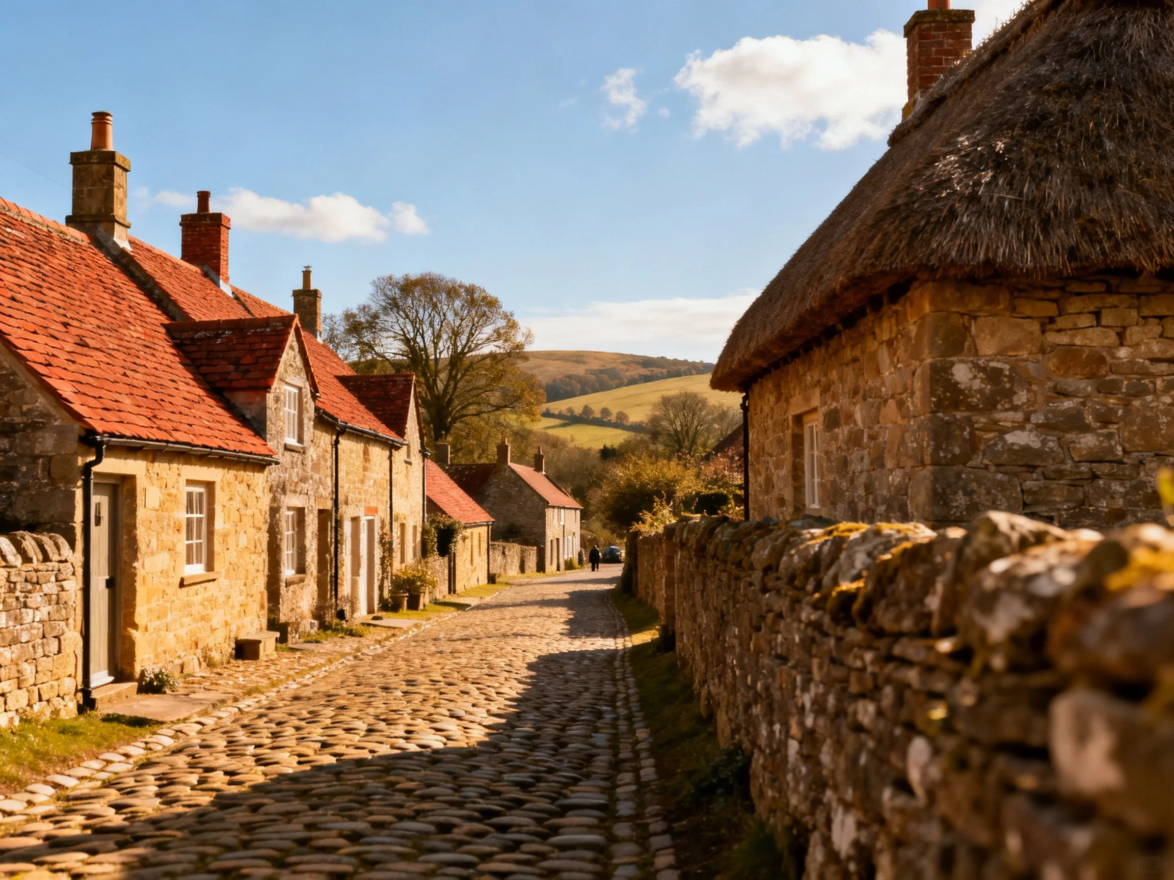 Quaint Village Lane with Stone and Thatched Homes