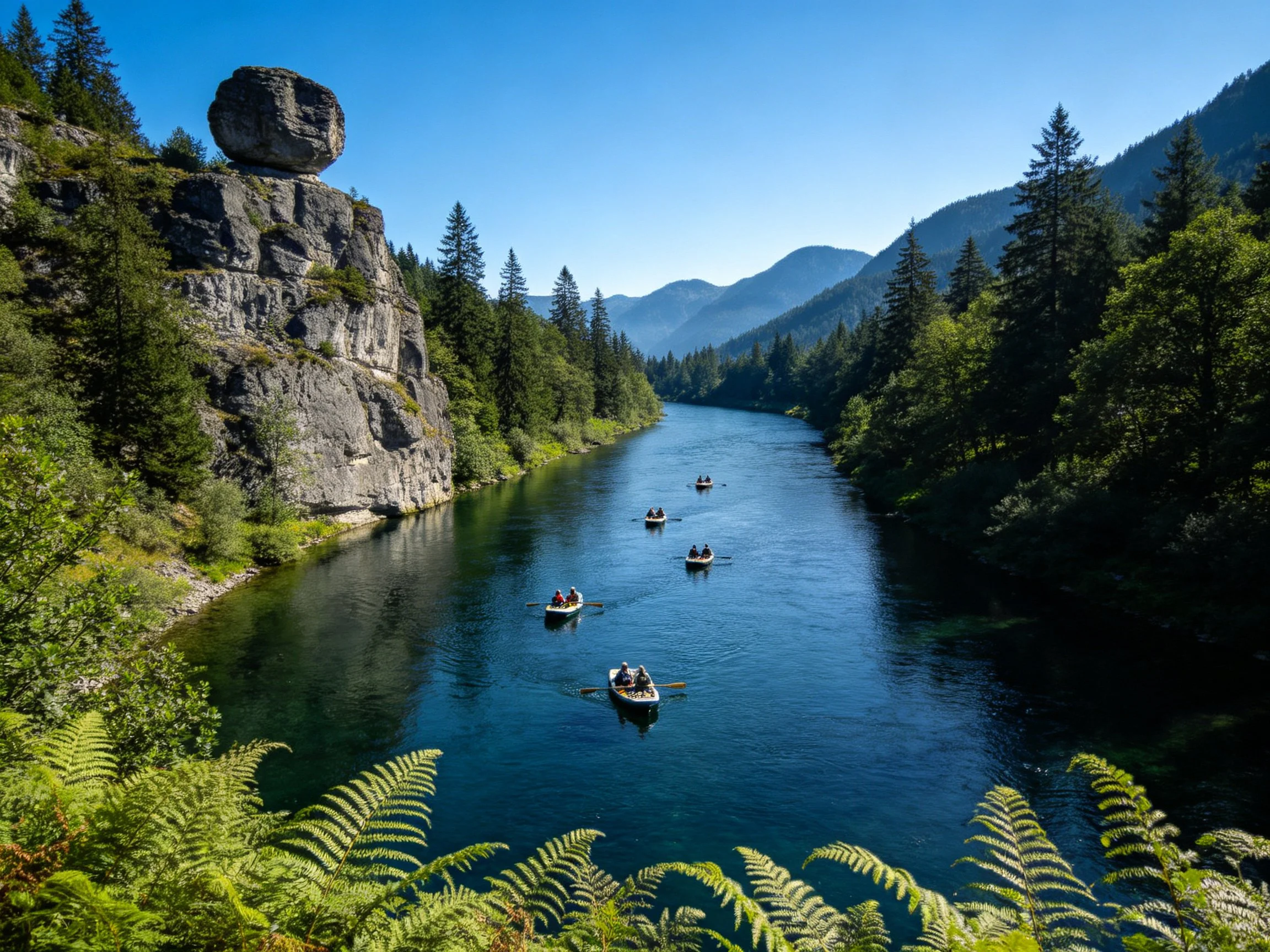Rafts traverse a deep blue river near a massive balanced rock