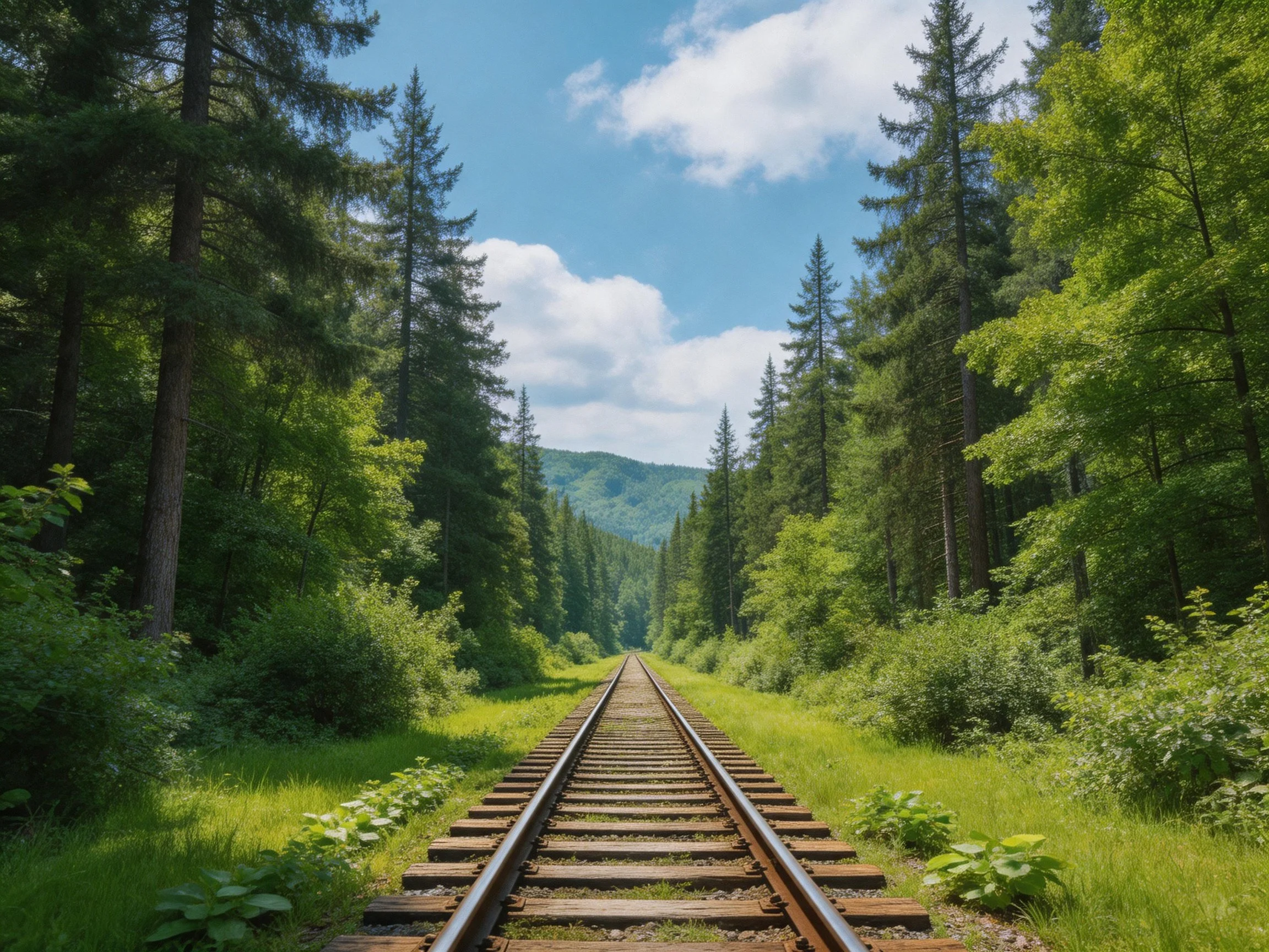 Railroad track through lush green forest under bright blue sky
