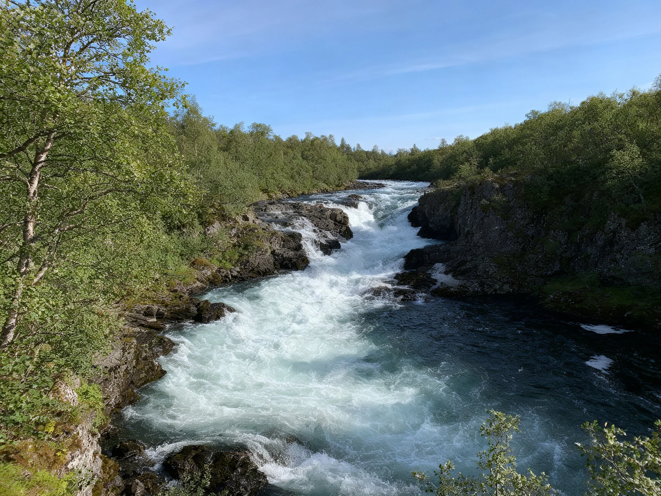 Rapids Flow Through Rocky Gorge Among Lush Greenery