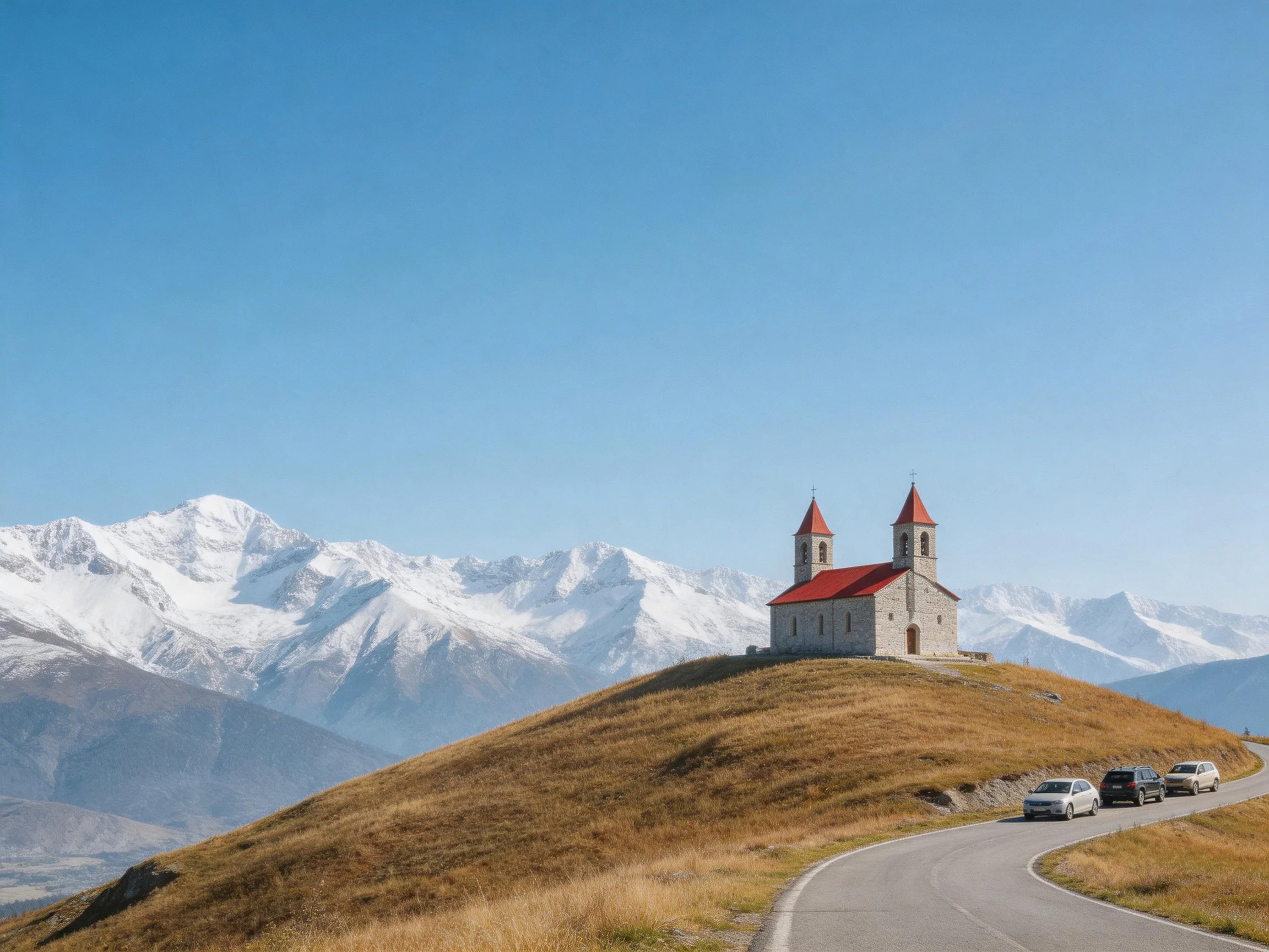 Red - Roofed Stone Church on Hillside Near Mountain Road