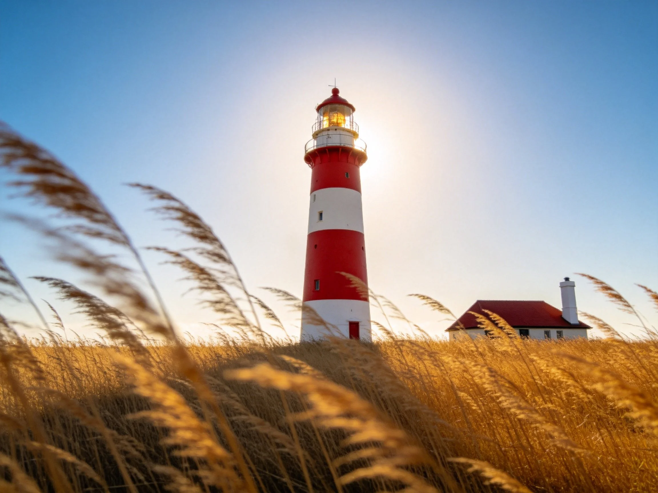 Red and White Lighthouse Among Golden Grass Under Sunny Sky