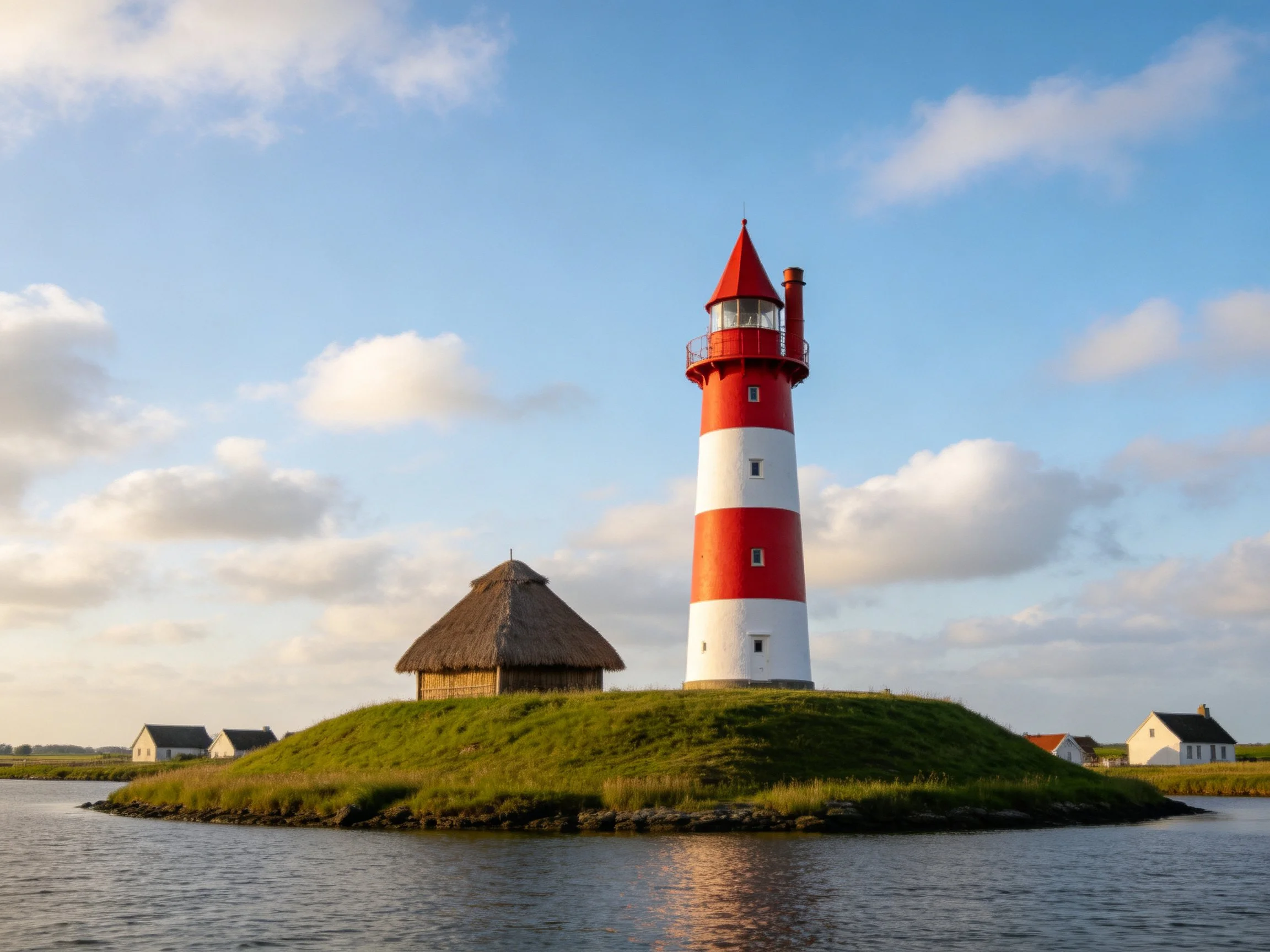 Red and White Striped Lighthouse on a Small Grassy Island Near Water